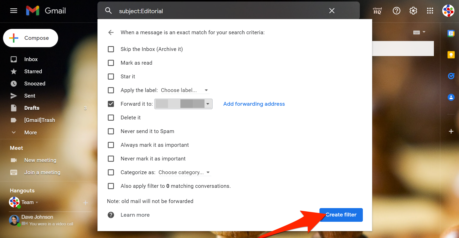 Screenshot of Gmail filter settings