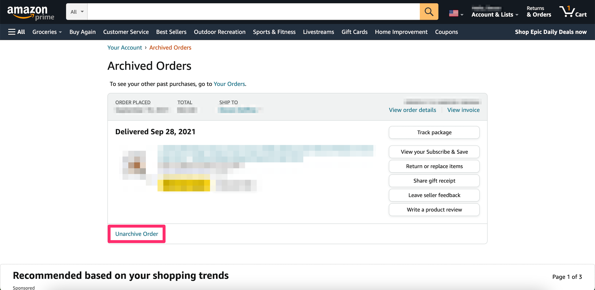 Screenshot of an archived Amazon order