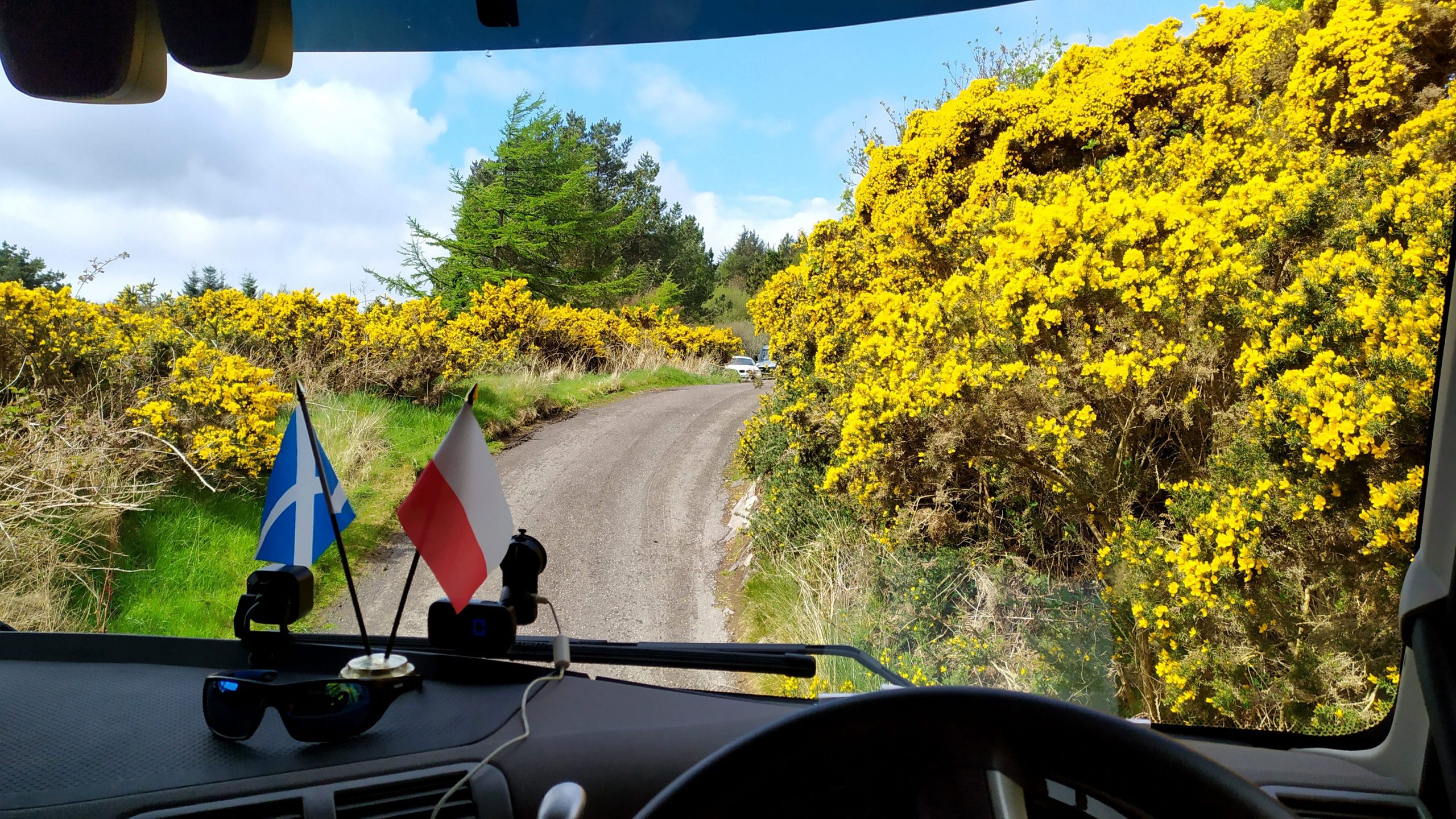 View from the driver's seat in the truck of narrow roads with cars approaching.