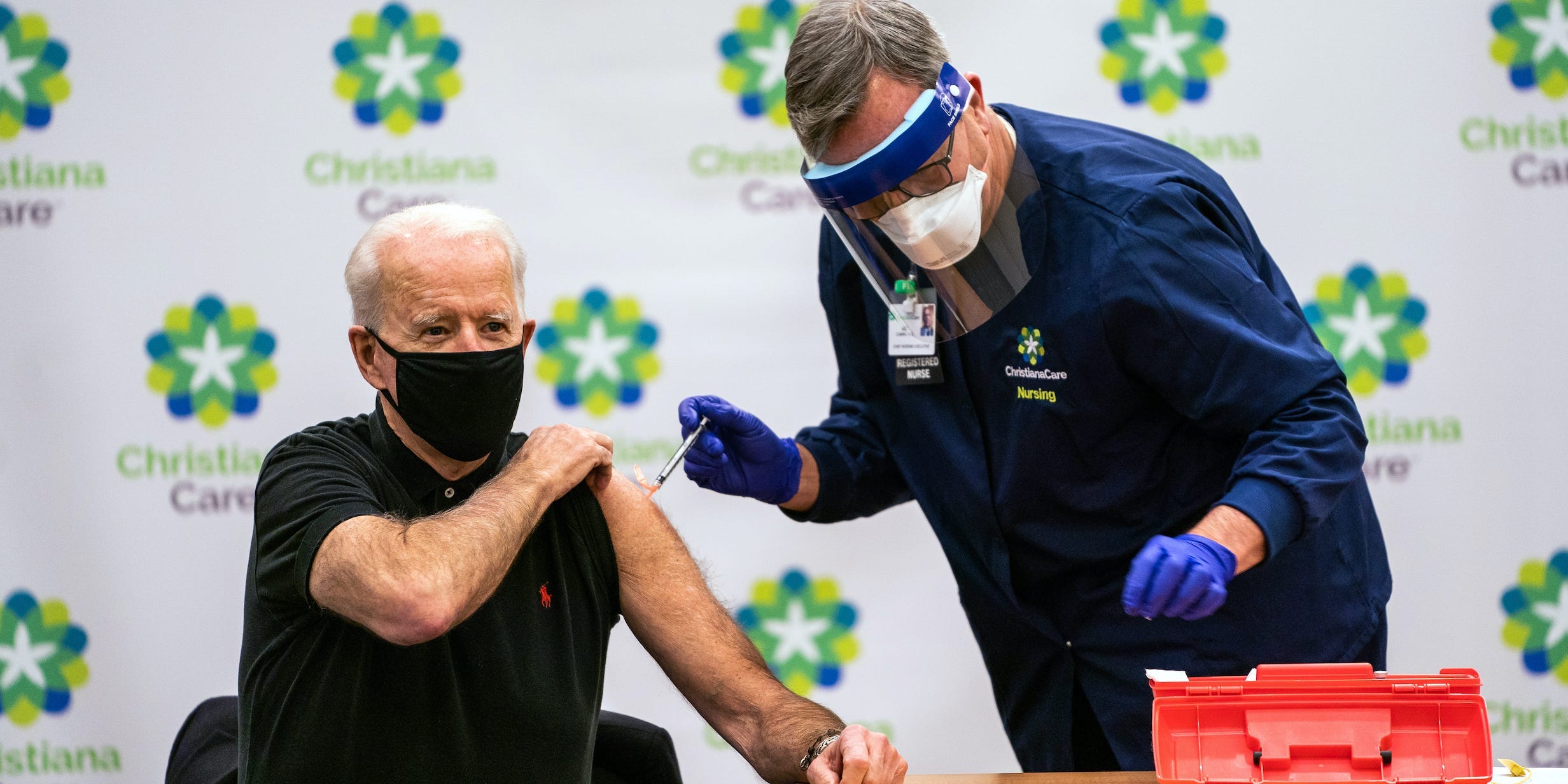 Joe Biden receives the second dose Covid-19 vaccination shot at the ChristianaCare Hospital in Newark, DE on January 11, 2021.