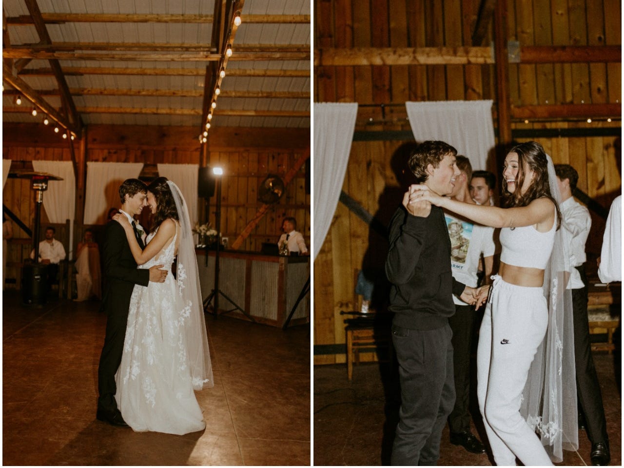 Gunner and Alayna Tripp on their wedding evening, before and after they changed into sweat suits.