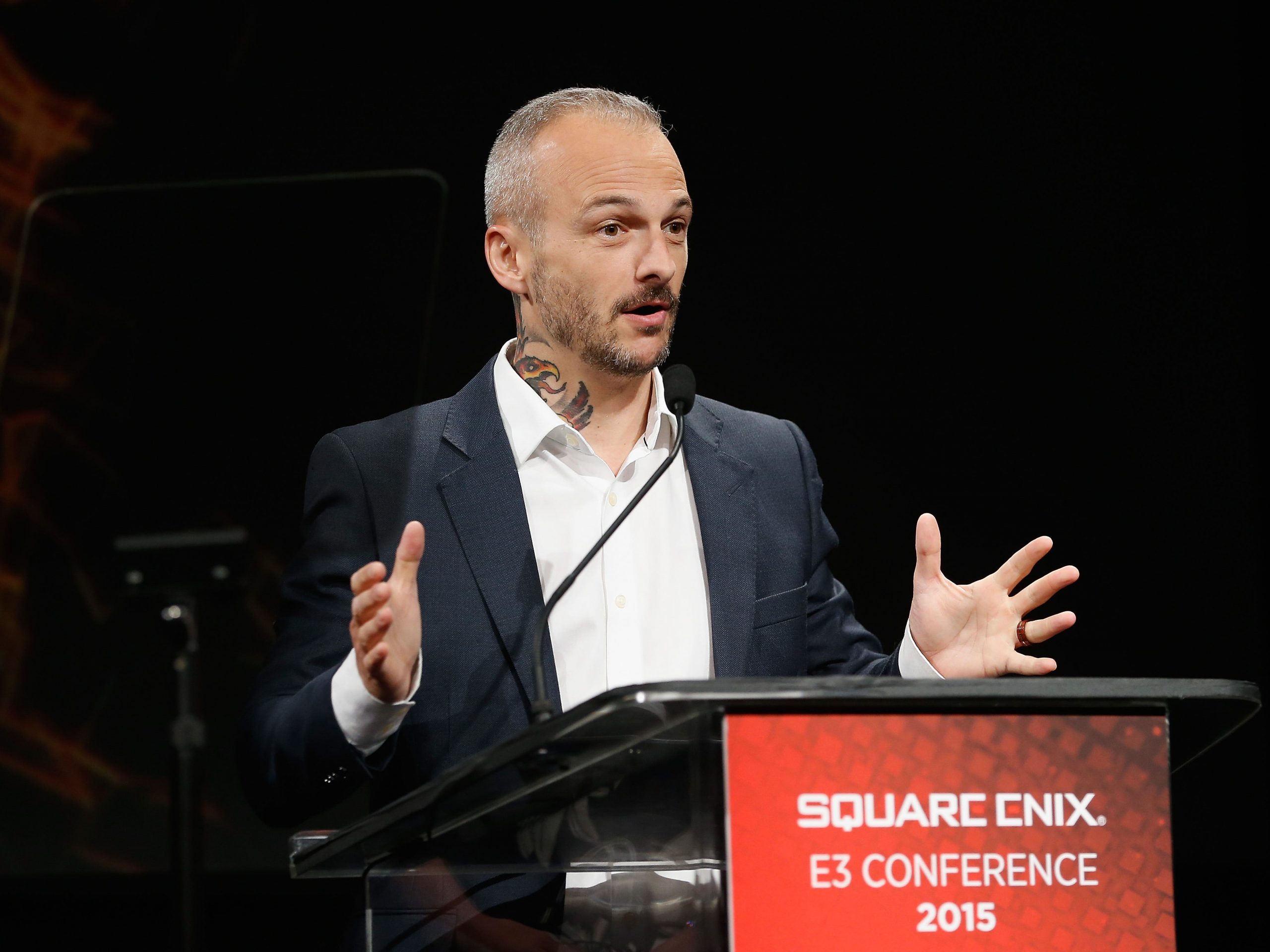 Head of Studio at Eidos Montreal, David Anfossi speaks during the Square Enix press conference at the JW Marriott on June 16, 2015 in Los Angeles, California.