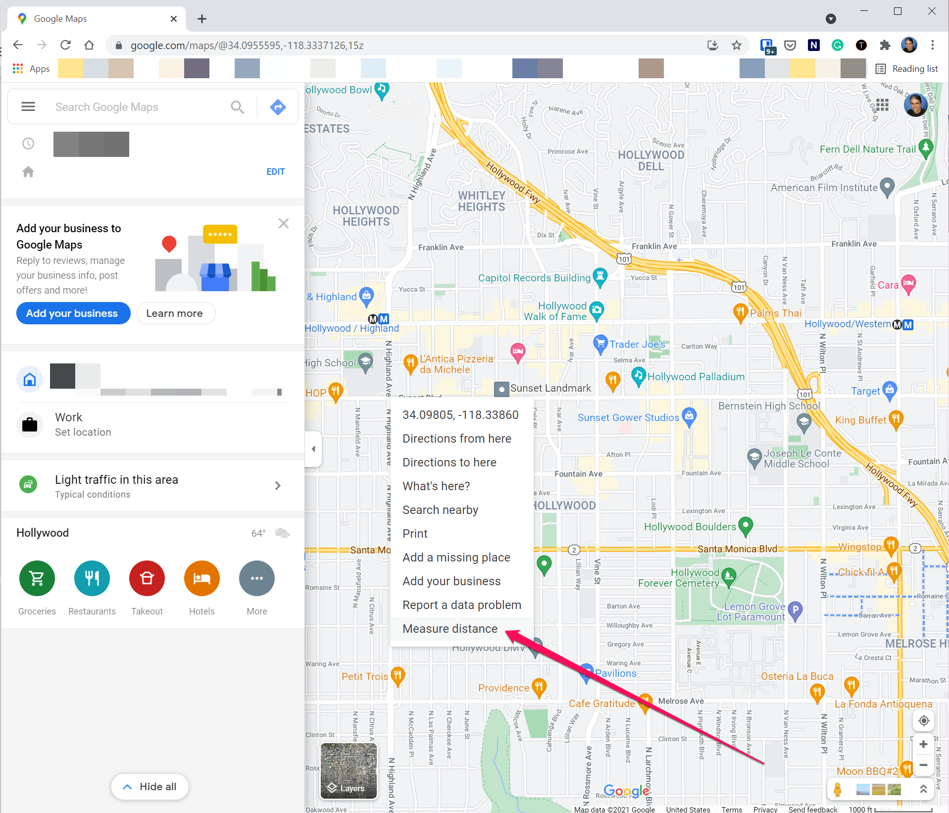 [measure-distance-google-maps1.png: / The right-click context menu in Google Maps in a browser.]