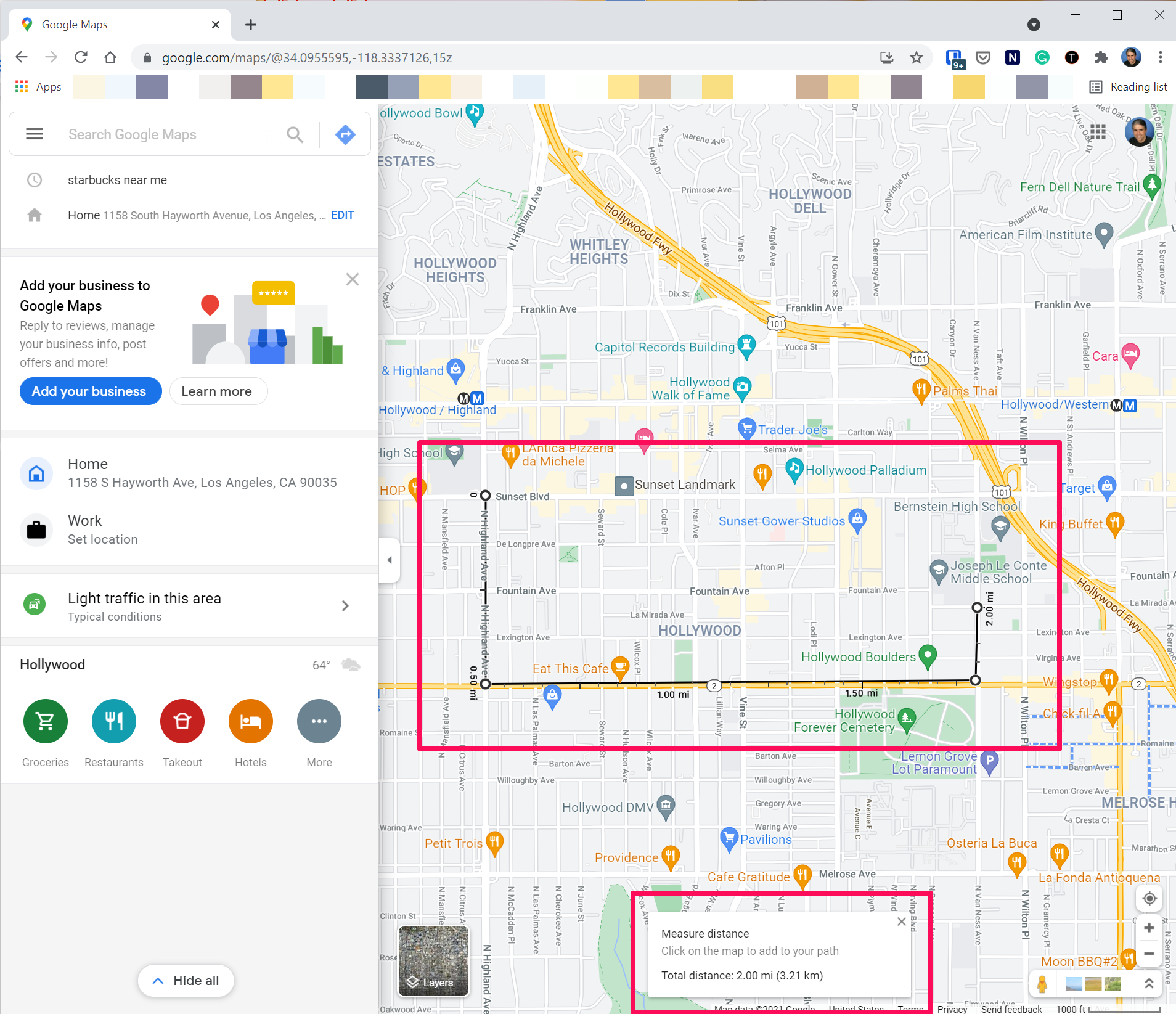 [measure-distance-google-maps2.png:  / Finding the distance between points in Google Maps in a browser.]