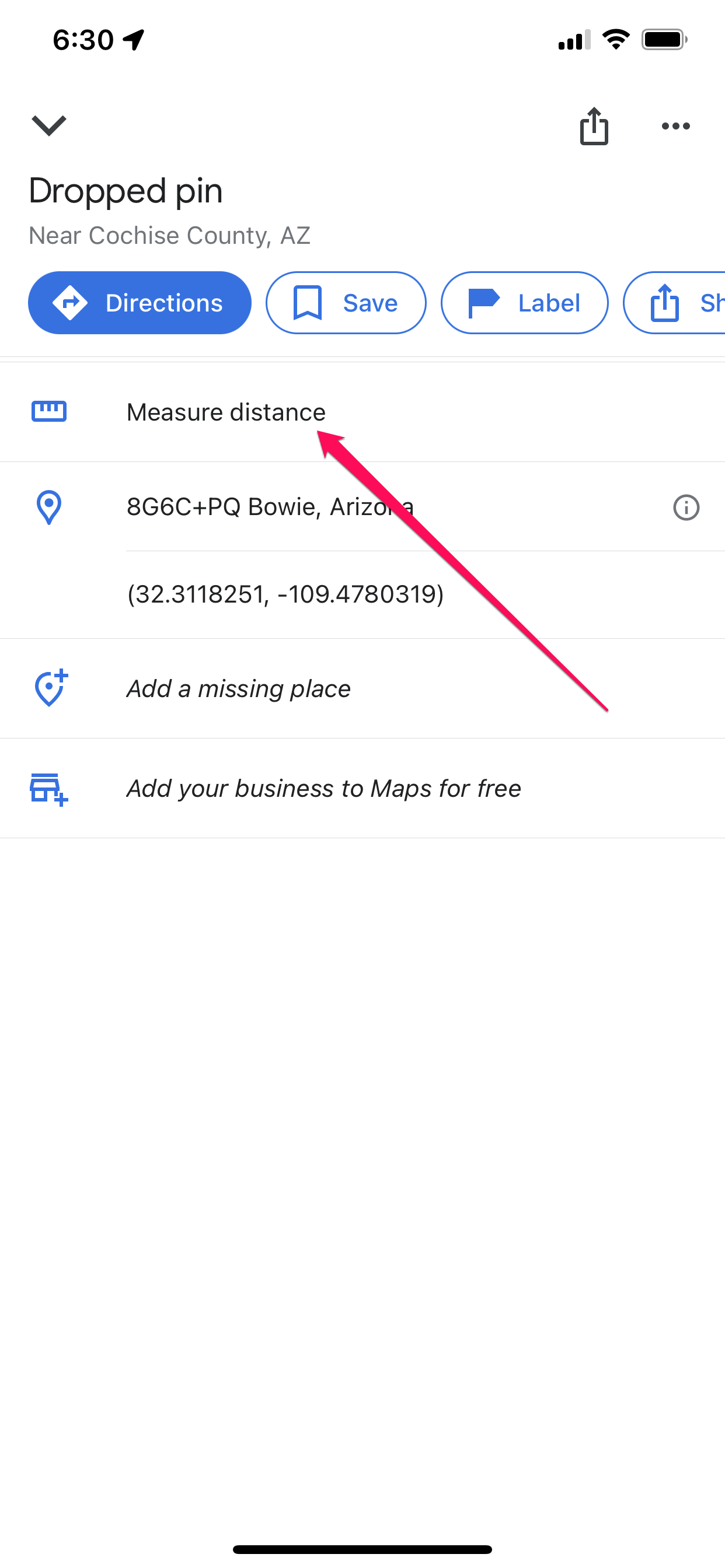 [measure-distance-google-maps4.png:  / The details page for a dropped pin in Google Maps on iPhone.]