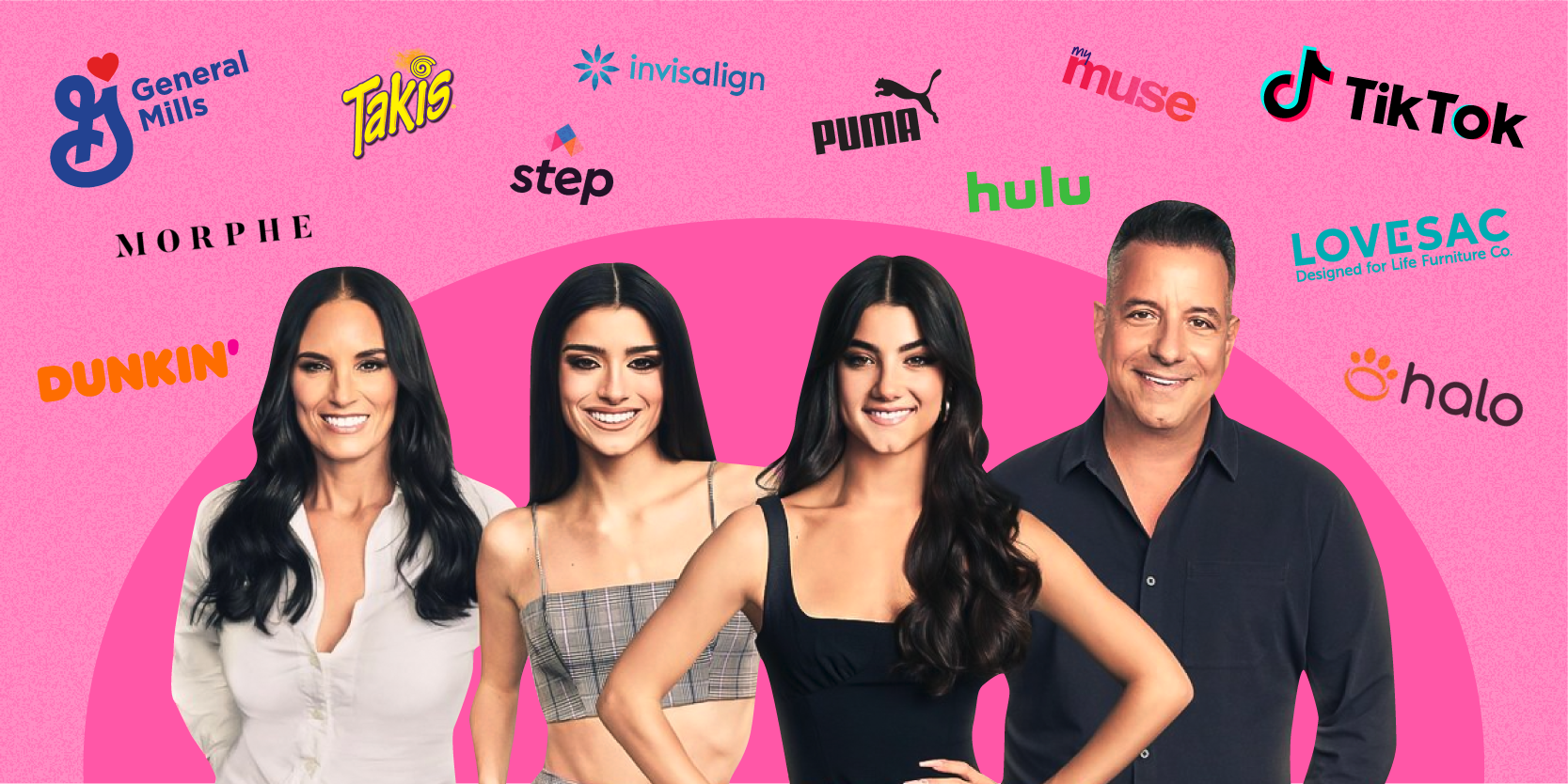 D’Amelio family photo on front of a pink background with logos from their brand and content sponsorships.