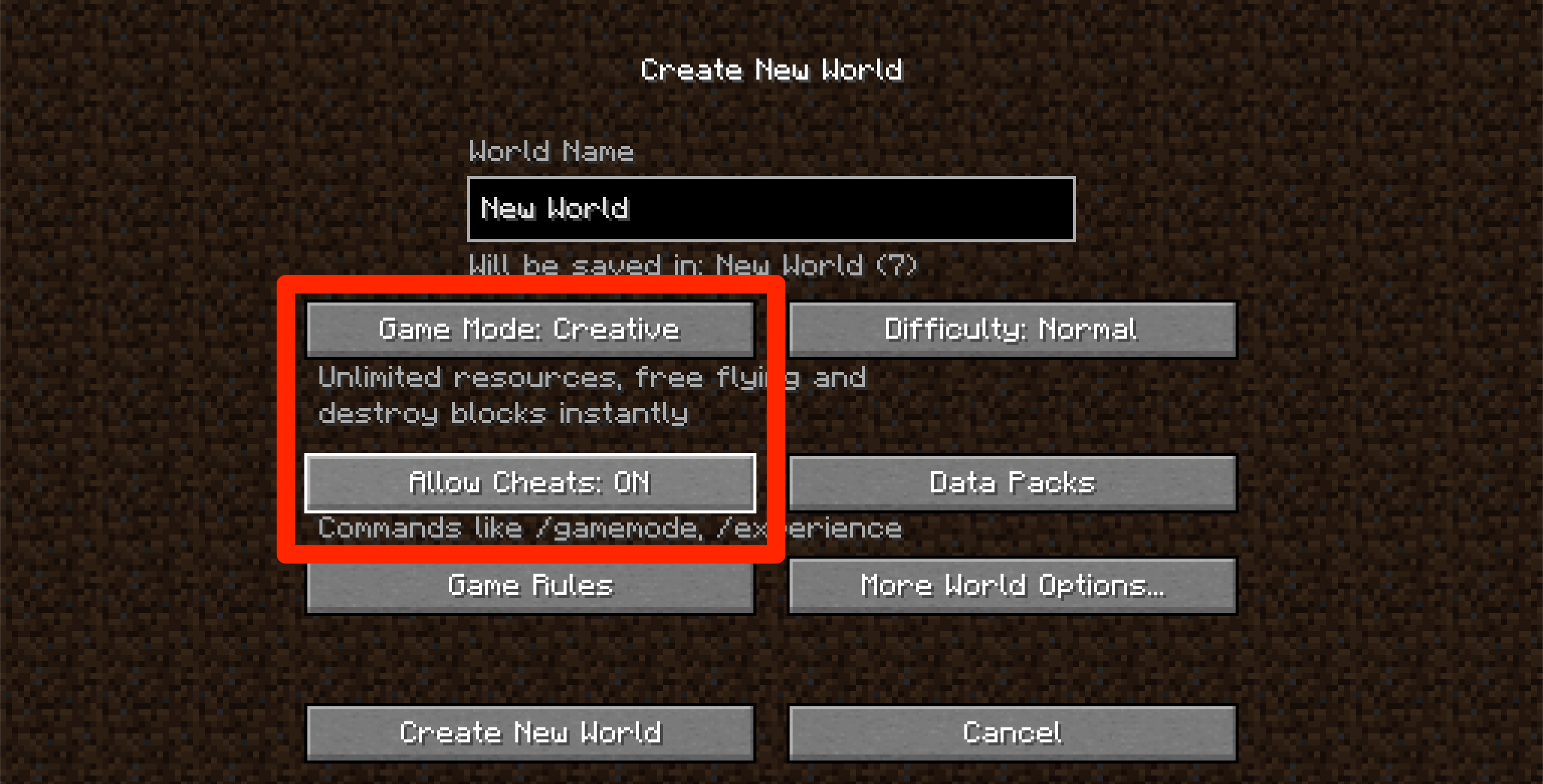 Minecraft's world generation screen, which allows the user to customize the world they're making. The gamemode and "cheats" options are highlighted.