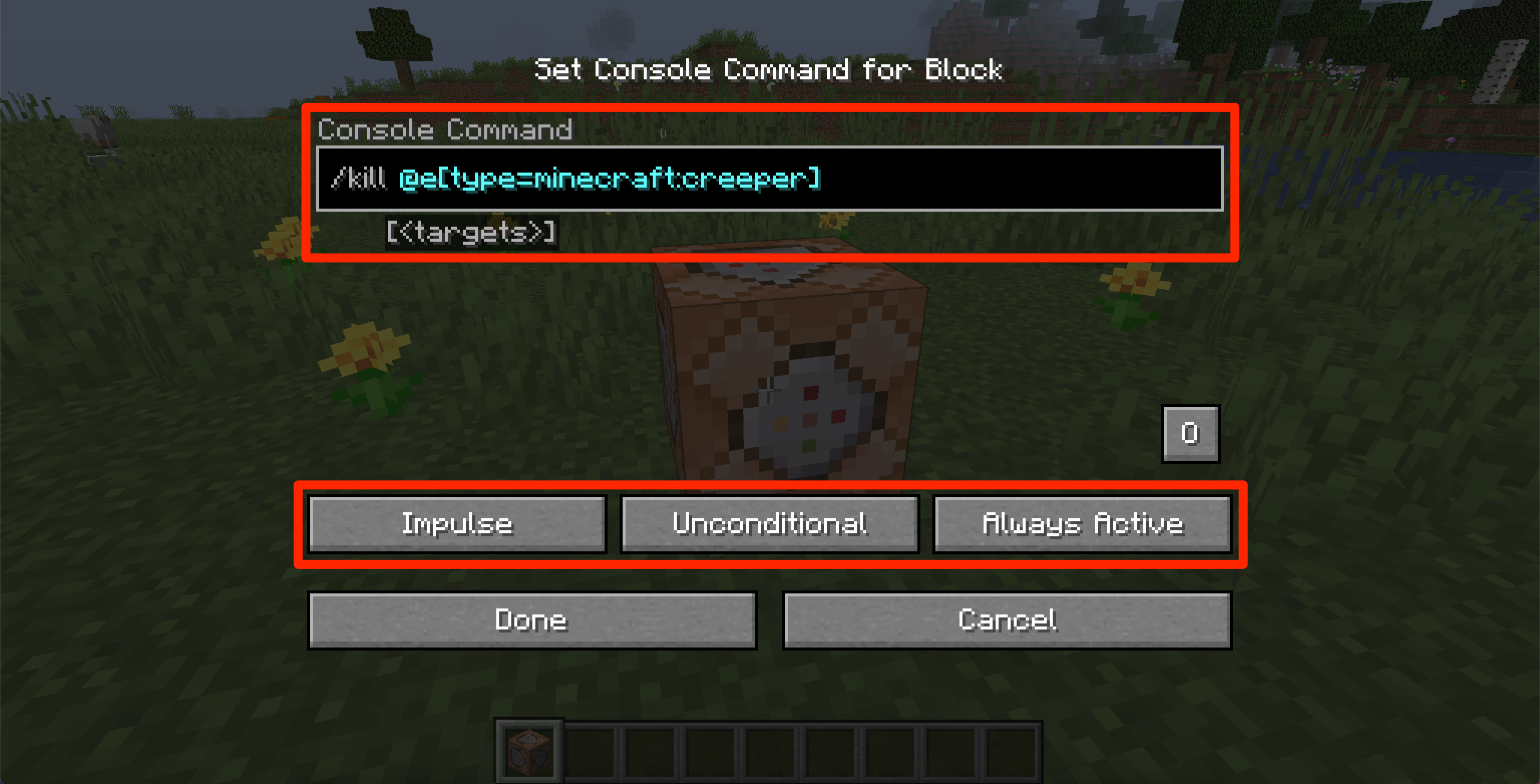 The command block settings menu in Minecraft.