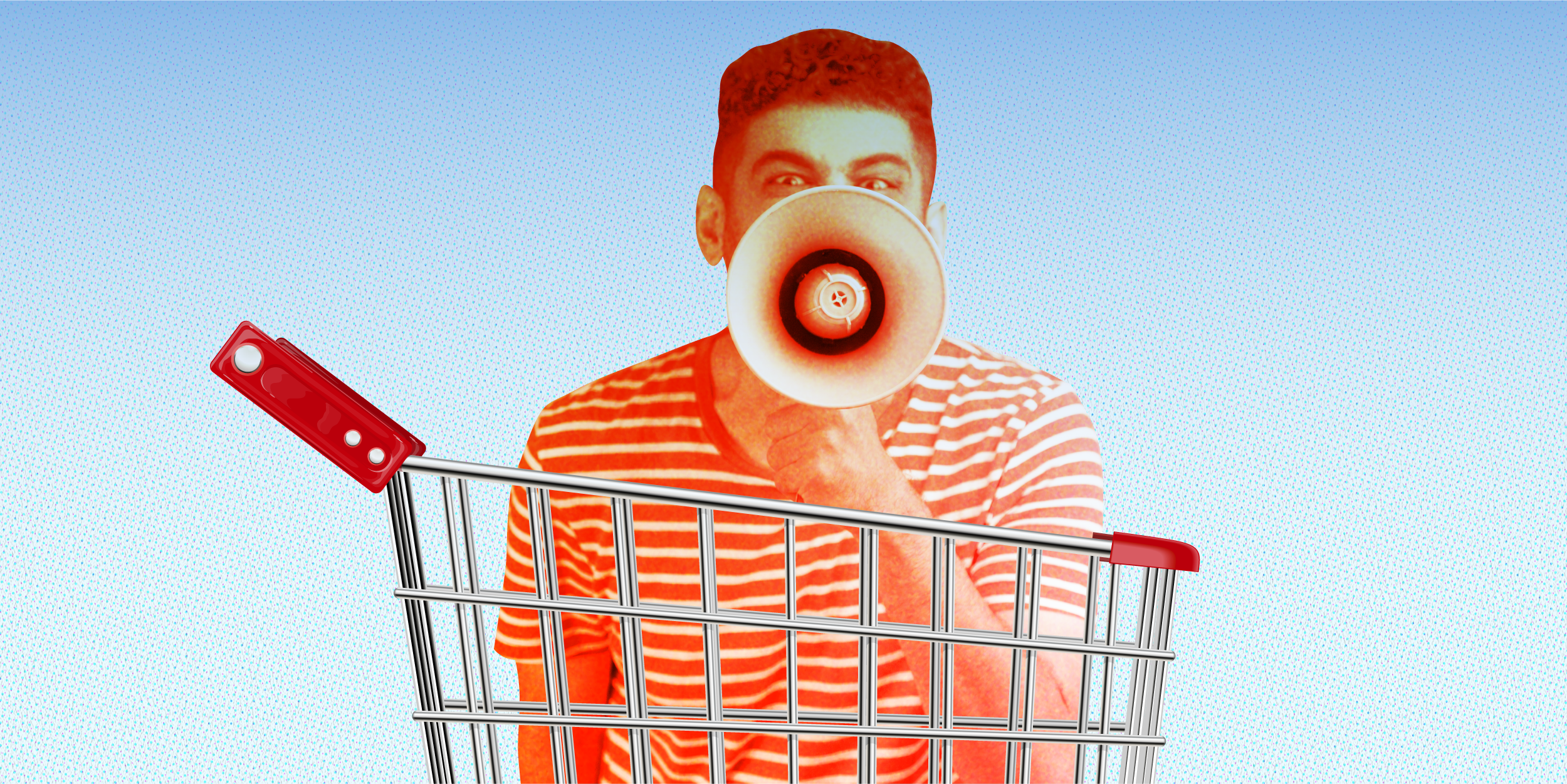 Man screaming into a megaphone while sitting in a shopping cart on a light blue background.