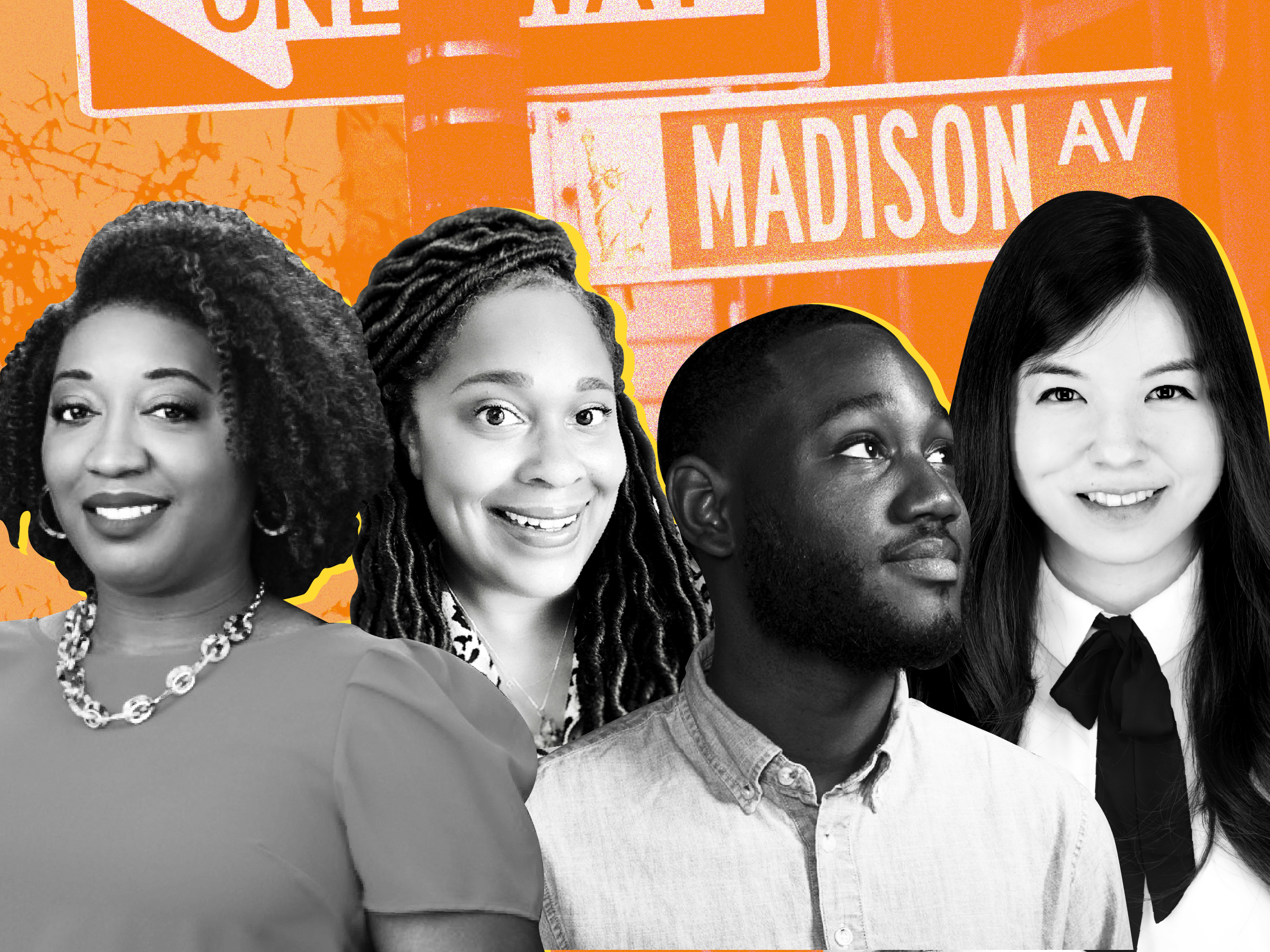Headshots of Arnetta Whiteside, Arielle Carter, Carlin Dixon, and Nancy Mao against an orange background with a Madison Avenue street sign