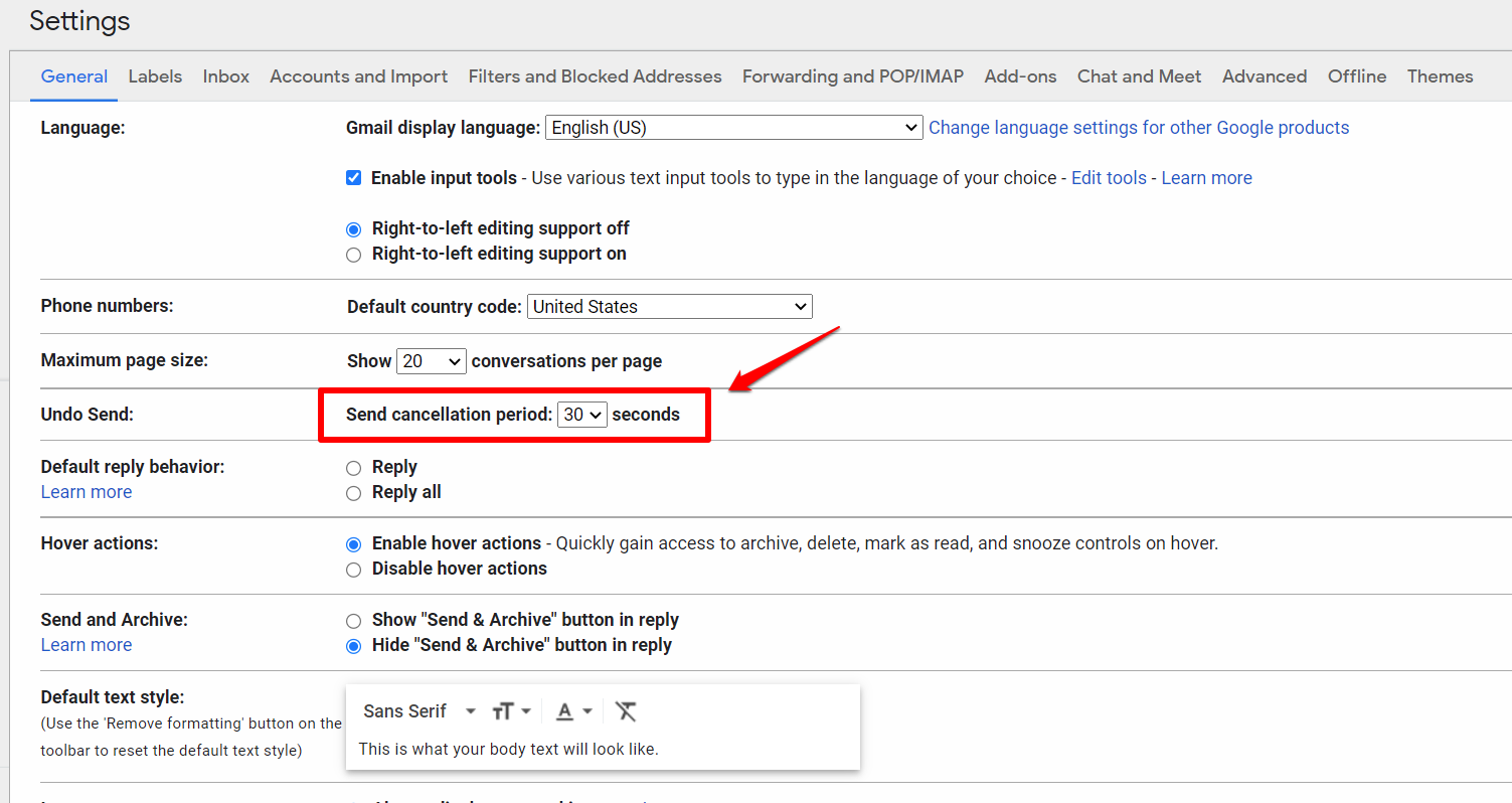 [how-to-unsend-gmail-email-2.png:  / A Gmail account's settings screen with the Undo Send cancellation period selected.]