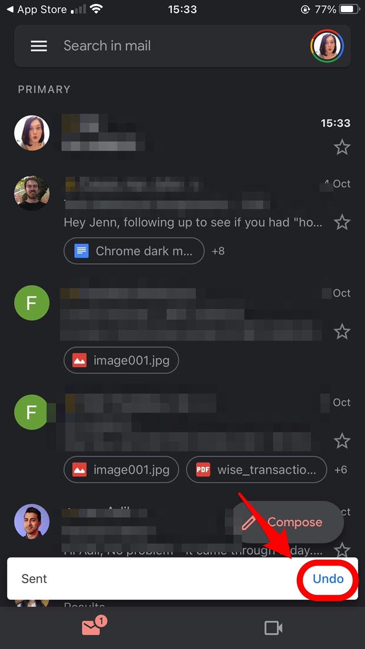[how-to-unsend-gmail-email-3.png:  The Gmail app’s “sent” notification with the Undo option.]
