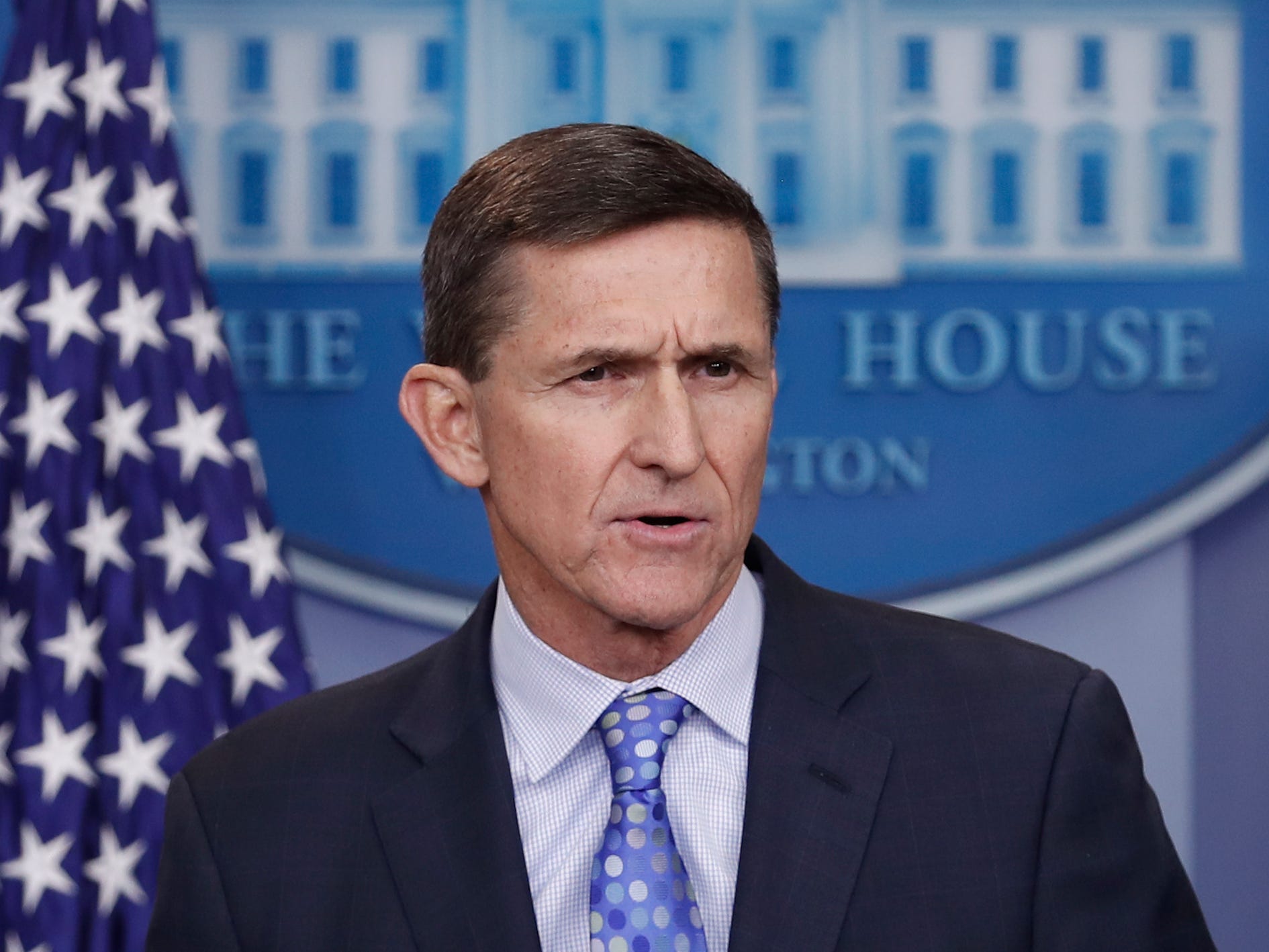 In this Feb. 1, 2017, file photo, then - National Security Adviser Michael Flynn speaks during the daily news briefing at the White House, in Washington.