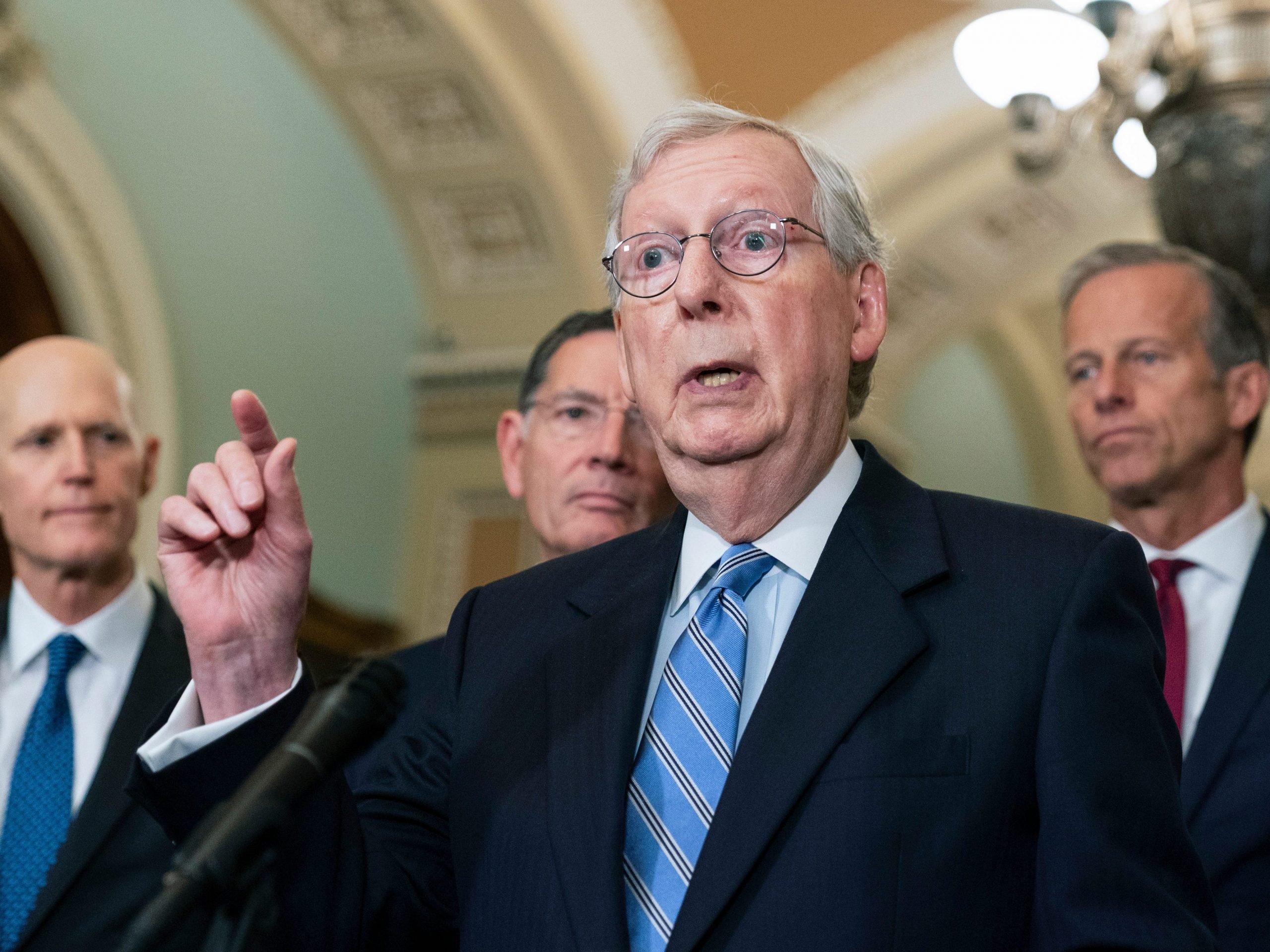 Senate Minority Leader Mitch McConnell of Ky., together with other Republican leaders speaks to reporters on Capitol Hill in Washington, Tuesday, Oct. 5, 2021.