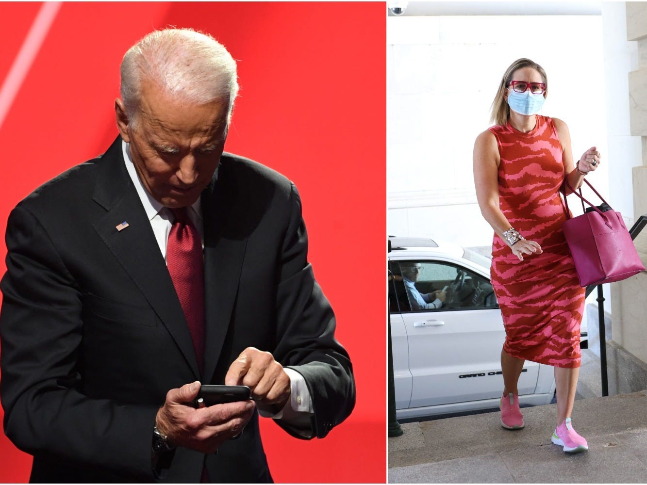 President Joe Biden uses his phone, Krysten Sinema walks in Arizona