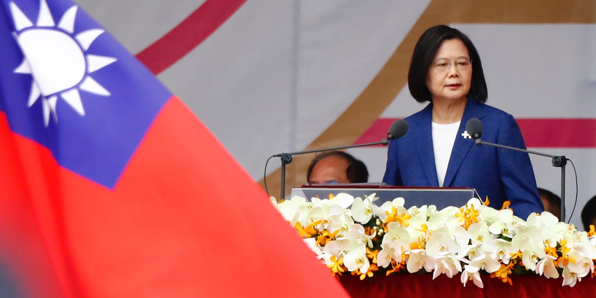 Taiwanese President Tsai Ing-wen delivers a speech during the National Day Celebration, following Chinese President Xi Jinpings vow to unify Taiwan by peaceful means, in Taipei, Taiwan, 10 October 2021