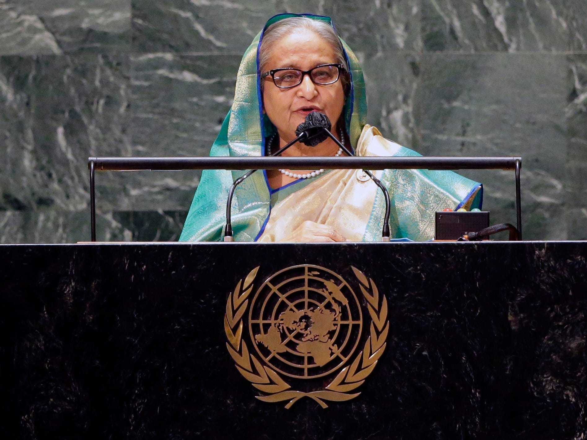 Sheikh Hasina, Prime Minister of Bangladesh addresses the 76th Session of the UN General Assembly at United Nations headquarters in New York, on Friday, Sept. 24, 2021.