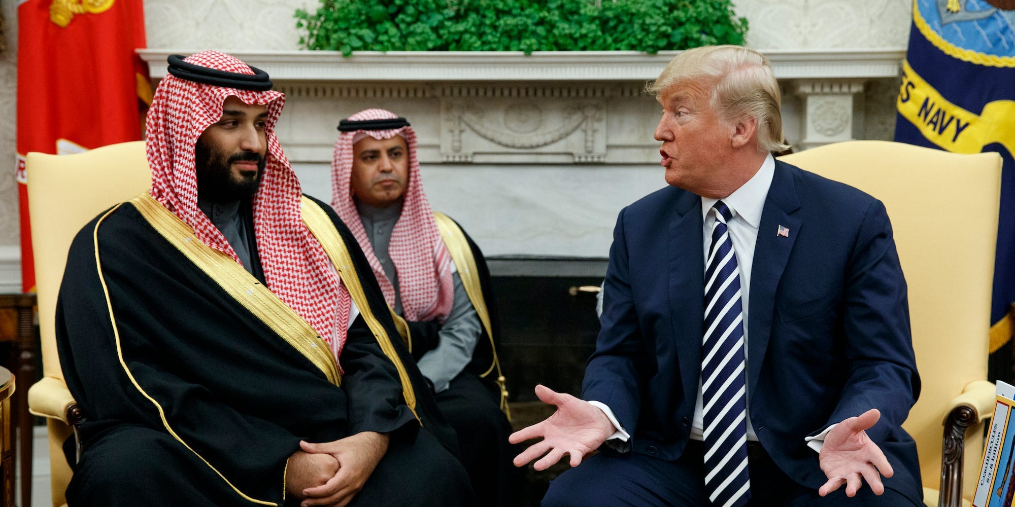 In this March 20, 2018, file photo, President Donald Trump meets with Saudi Crown Prince Mohammed bin Salman in the Oval Office of the White House in Washington.