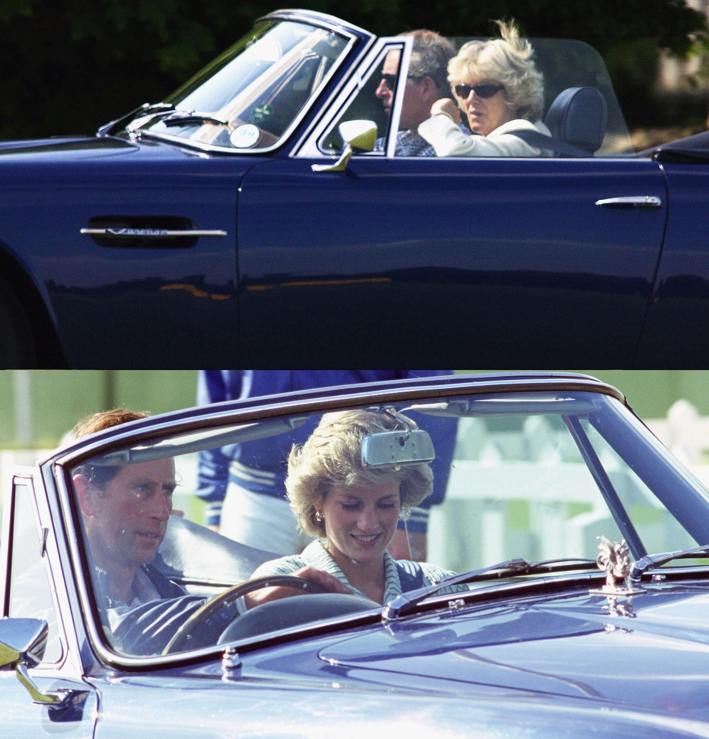 In this composite image HRH Prince Charles is seen driving both Camilla Parker-Bowles (Top in 2004) and Princess Diana (Bottom in 1985) in the same Aston Martin car. Clarence House has confirmed February 10, 2005 that Charles and partner Camilla Parker-Bowles will marry on April 8, 2005.