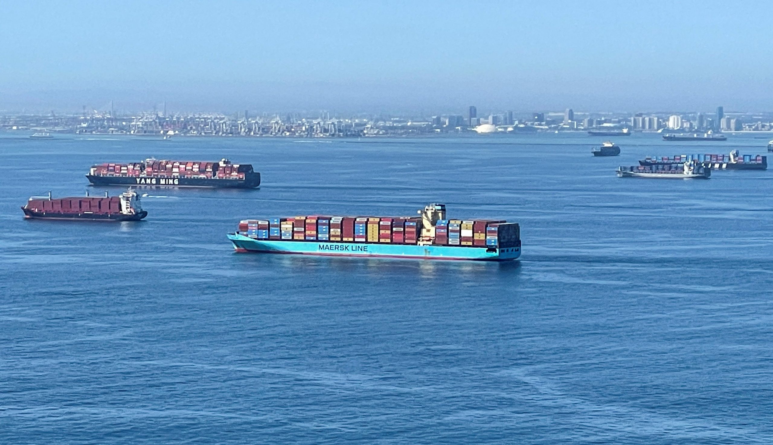 Container ships at the backlogged Port of Los Angeles in October 2021.