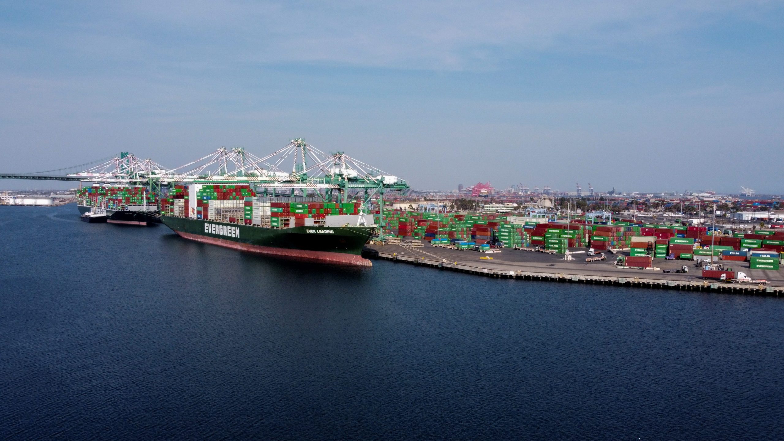 Container ships at the backlogged Port of Los Angeles in September 2021.