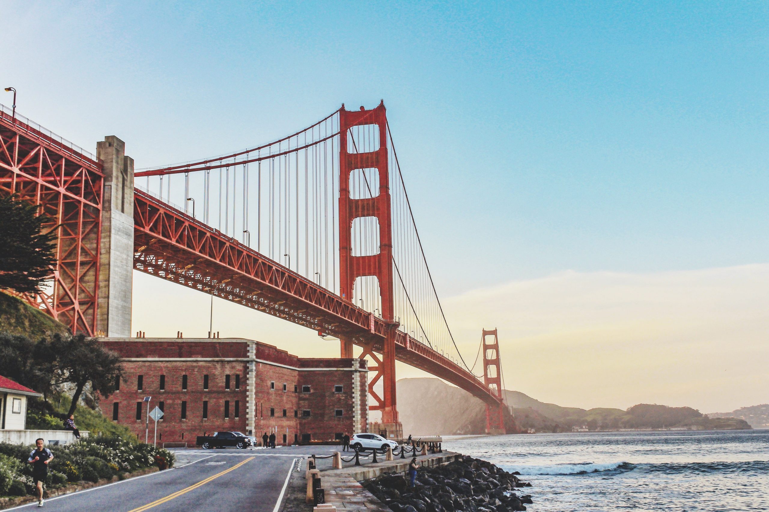 A low-angle view of the Golden Gate Bridge