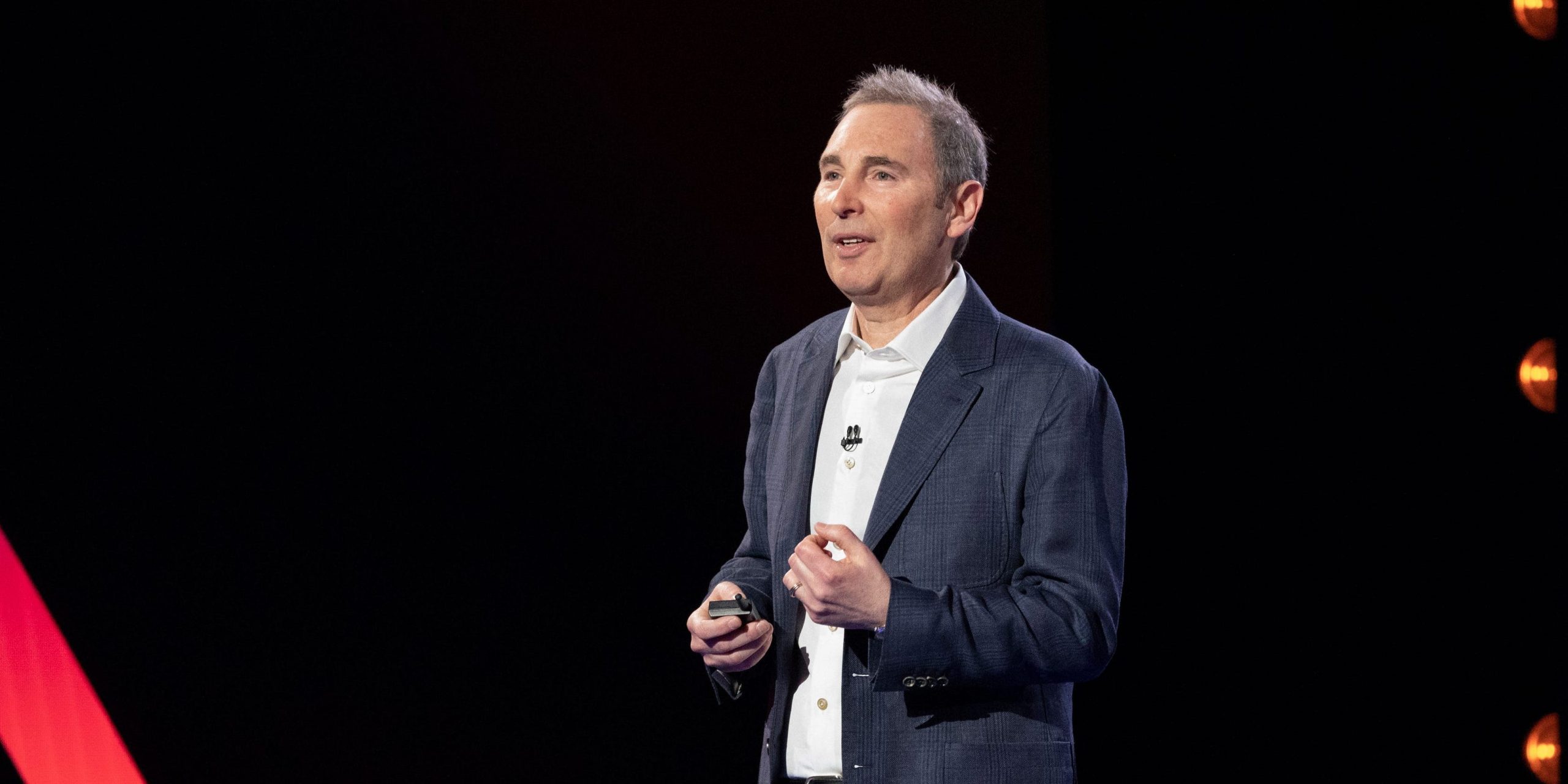 Amazon Web Services CEO Andy Jassy gives a presentation onstage.