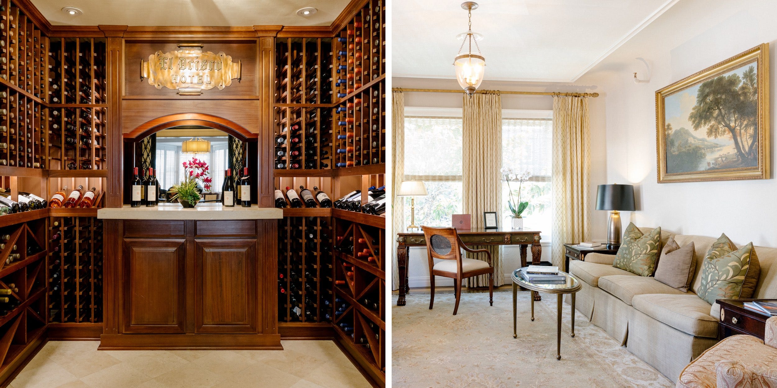 A side-by-side image of a wine cellar and a room with a couch, rug, and desk. Both are located in San Francisco's Hotel Drisco.