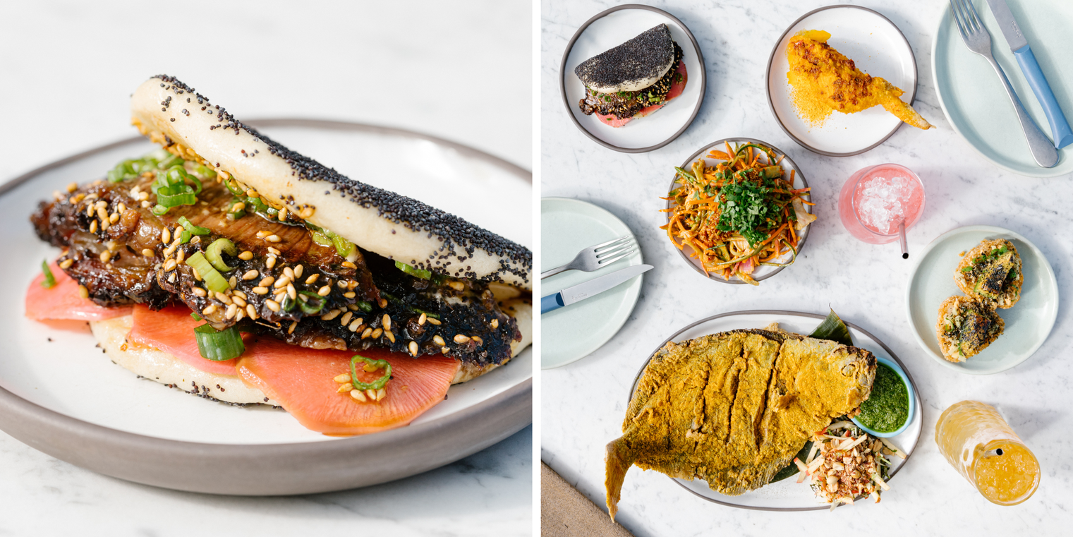 Side-by-side images of seafood dishes, including salmon, served at Liholiho Yacht Club in San Francisco.