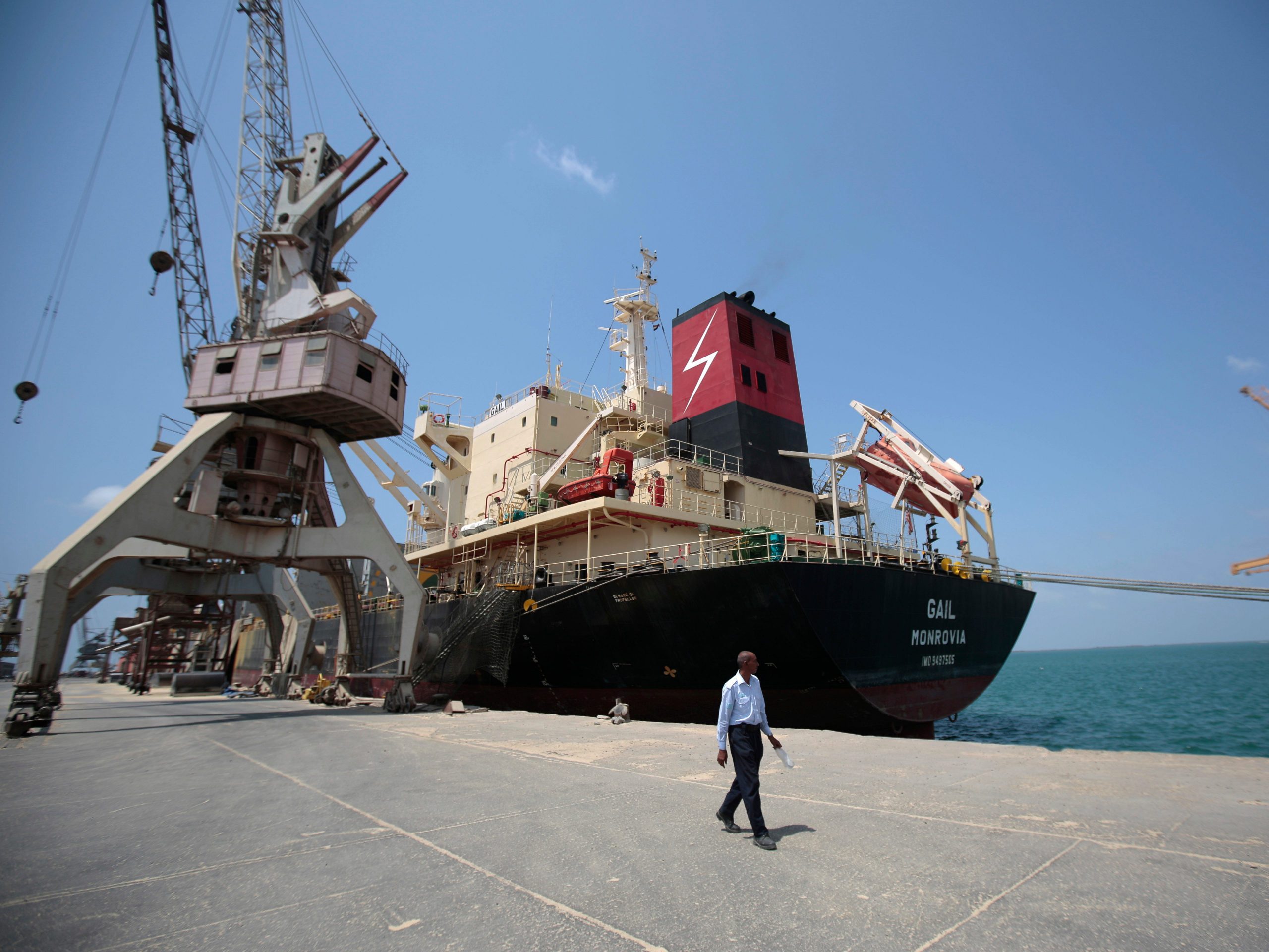 In this Sept. 29, 2018 file photo, a cargo ship is docked at the port, in Hodeida, Yemen.