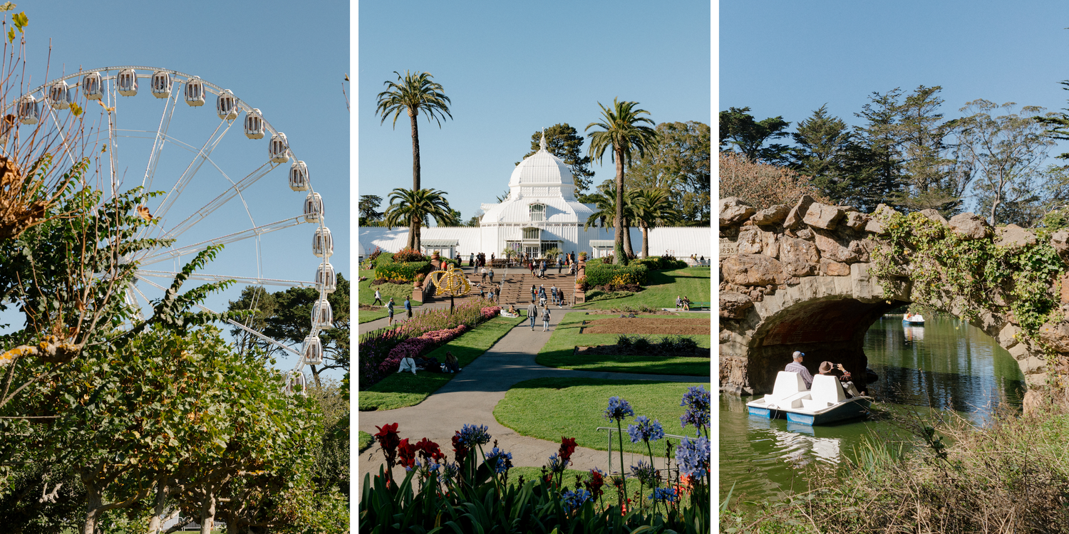 A three-image collage of outside shots of Golden Gate Park in San Francisco. The images show a ferris wheel, people entering a building, and people riding a boat on a stream.