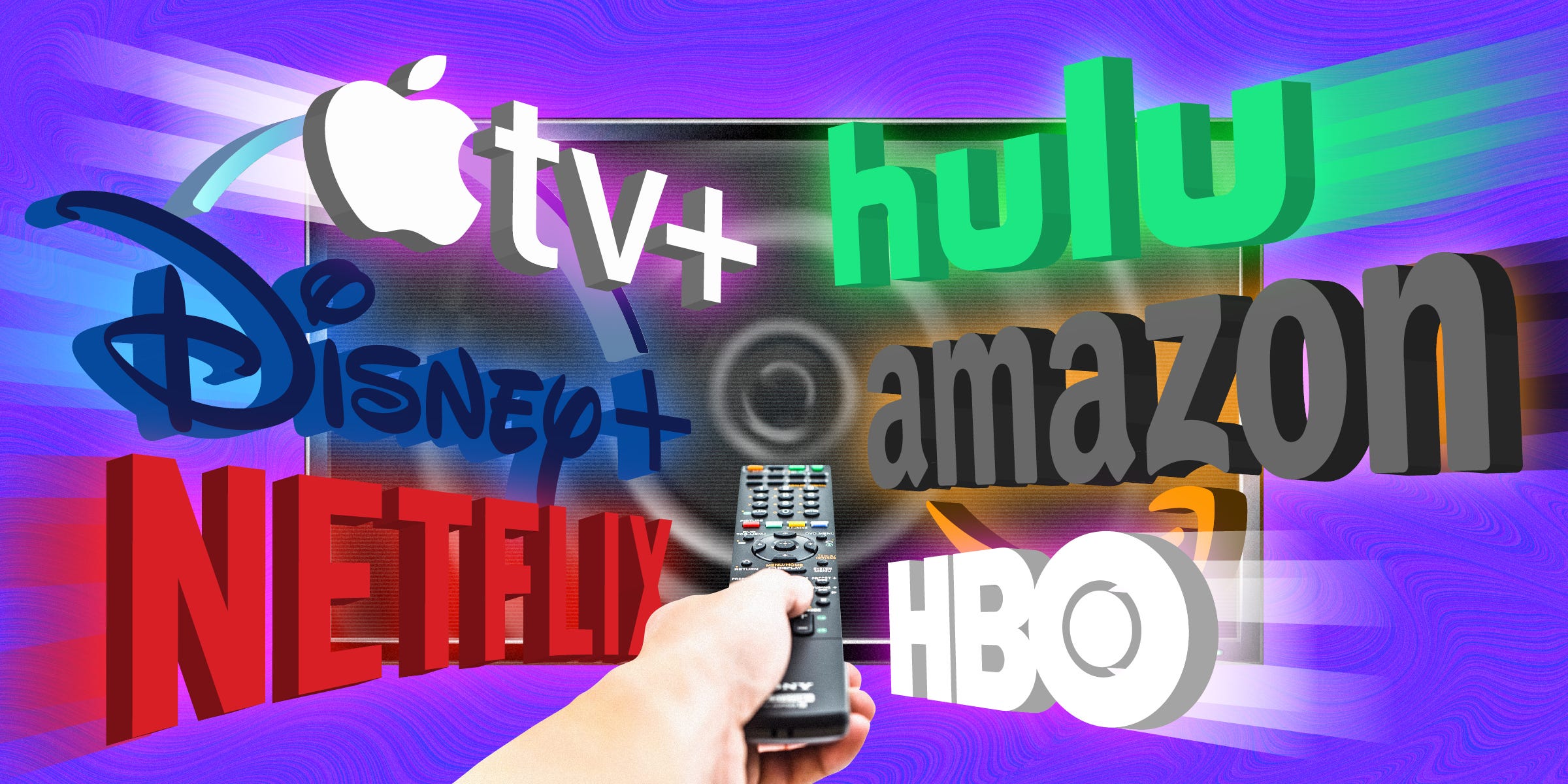 Apple TV+, Disney+, Netflix, Hulu, Amazon, and HBO logos flying towards the center of a TV. A hand holding a remote is directed towards the center. The background is purple with a warped texture on top of it.