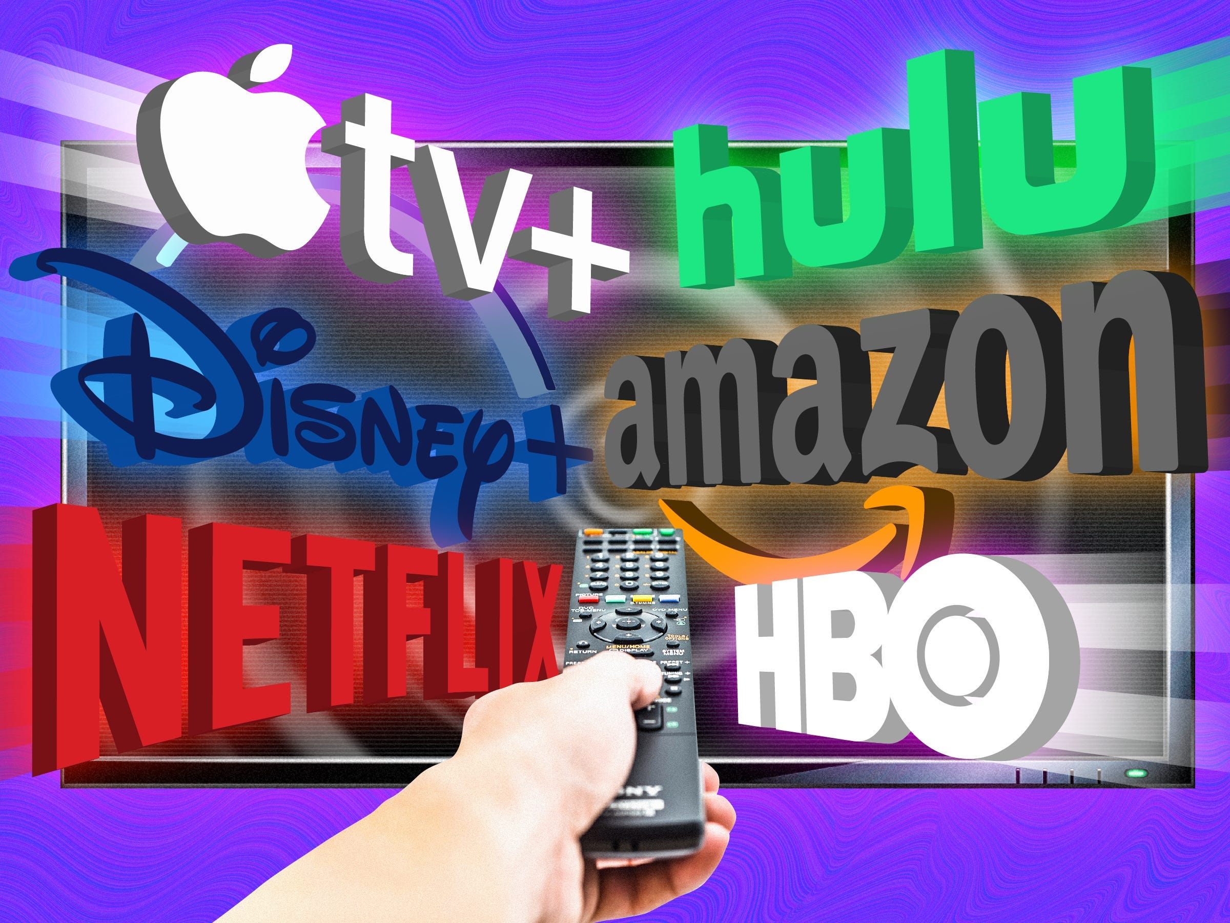 Apple TV+, Disney+, Netflix, Hulu, Amazon, and HBO logos flying towards the center of a TV. A hand holding a remote is directed towards the center. The background is purple with a warped texture on top of it.