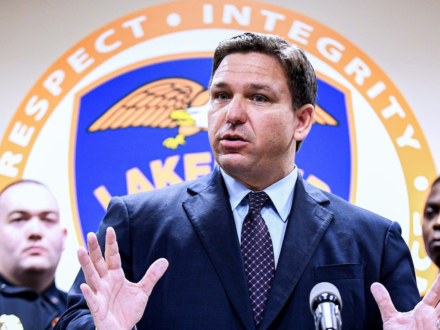 Florida Governor Ron DeSantis speaks at a press conference at the Lakeland, Florida Police Department.