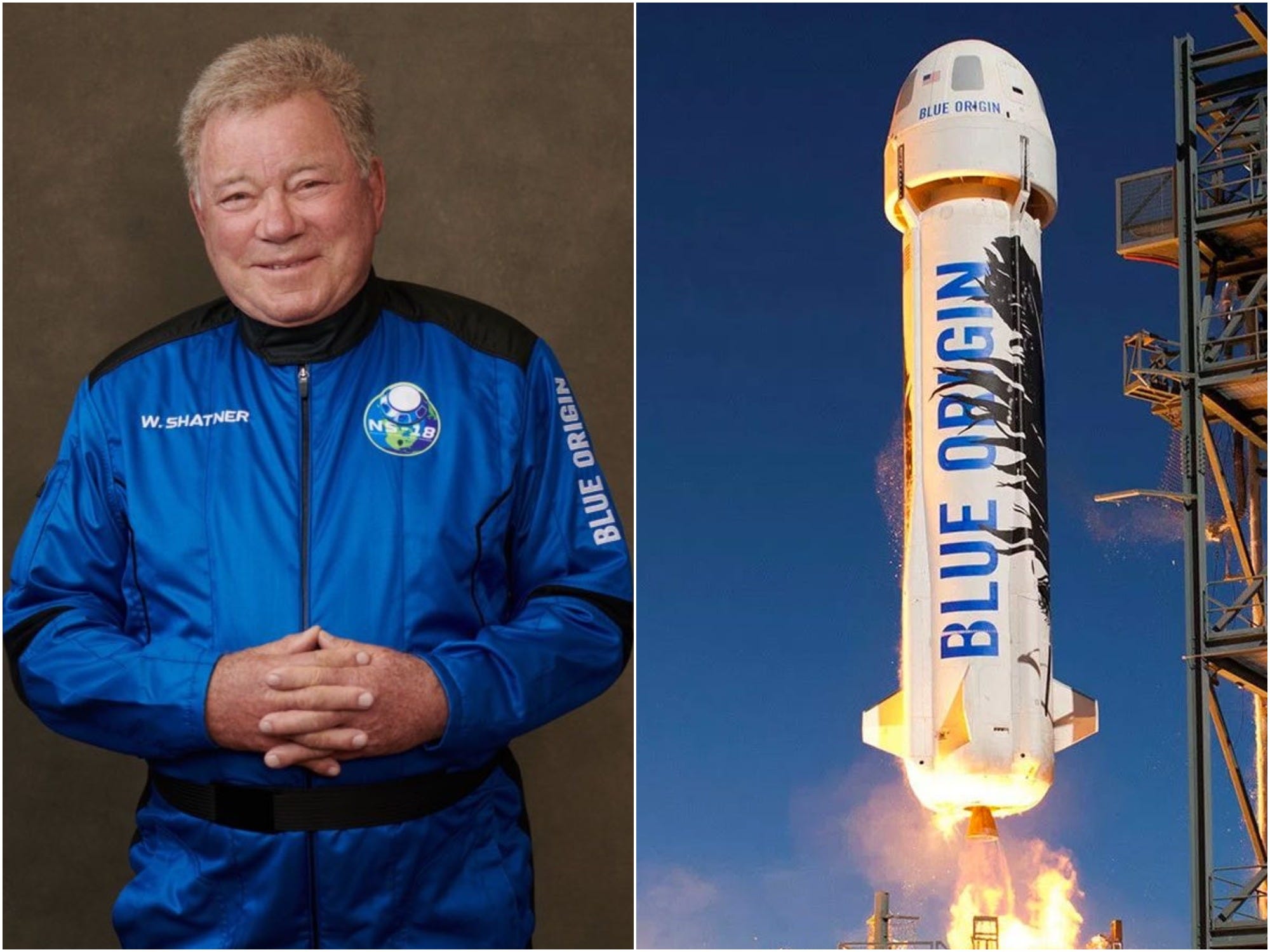 william shatner in blue flight jumpsuit side by side with new shepard rocket launching