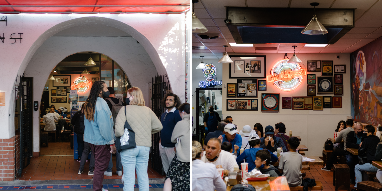 One interior and one exterior shot of La Taqueria restaurant in San Francisco where customers eat food. A neon sign that says "La Taqueria" illuminates the restaurant.