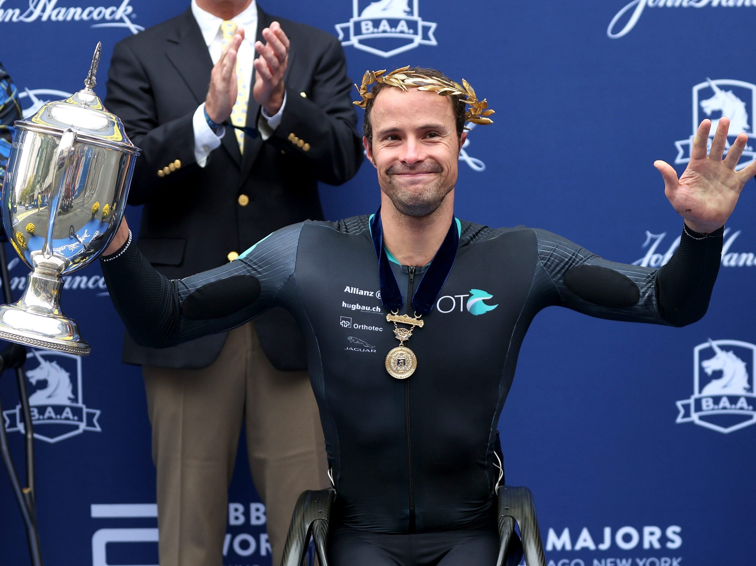 Marcel Hug after winning the Boston Marathon men's wheelchair race.