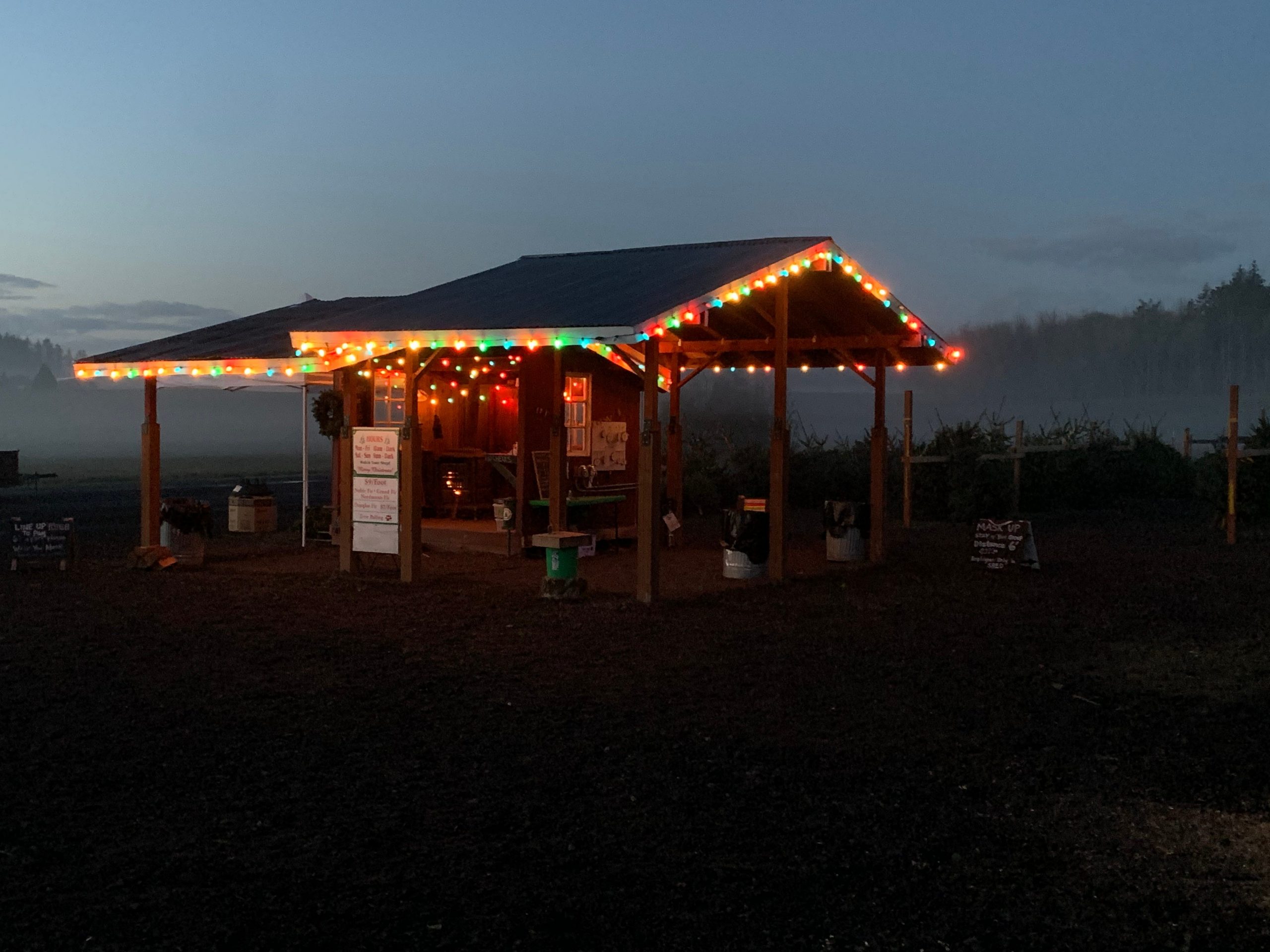 A lighted building on Dana and Matt Furrow's farm.