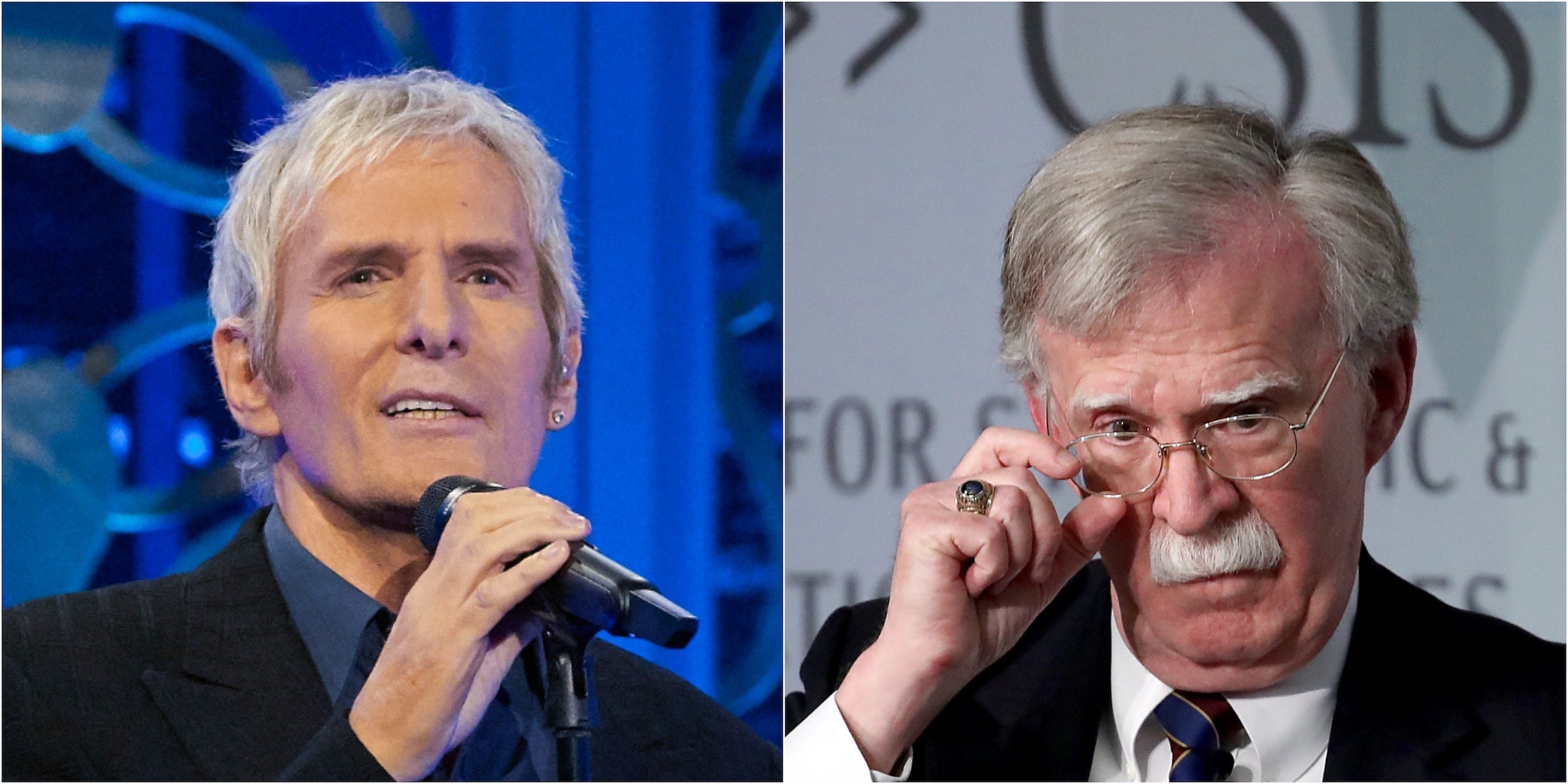 Singer Michael Bolton at a microphone with blue lighting behind him (left), former US National Security Advisor John Bolton adjusting his glasses (right).