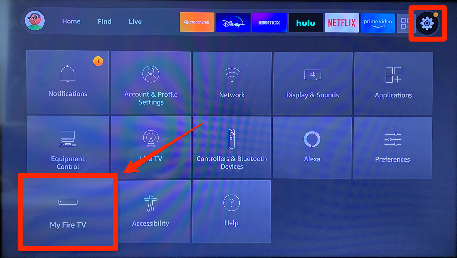 The Settings menu on an Amazon Firestick, with the My Fire TV option highlighted.