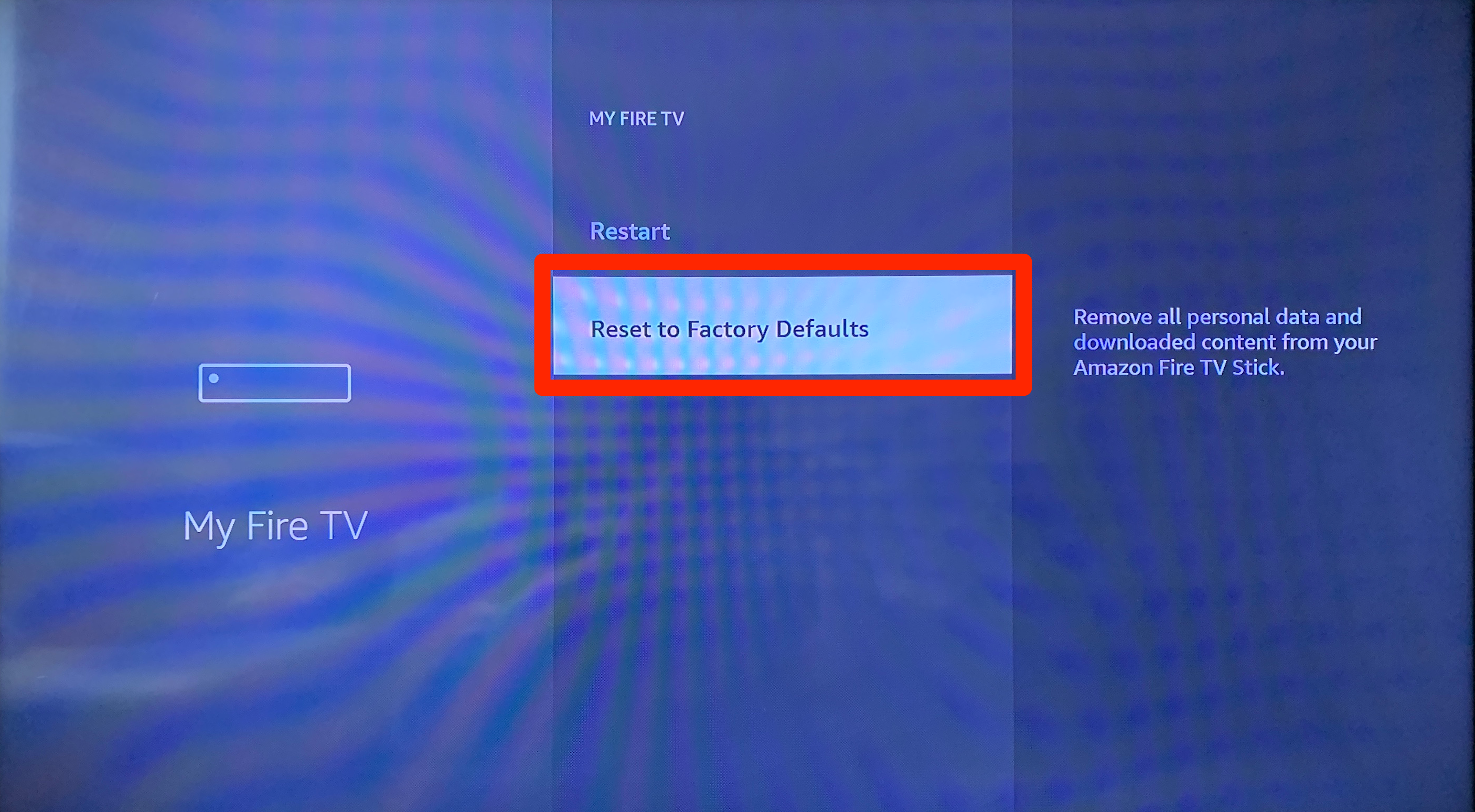 The My Fire TV menu on an Amazon Firestick, with the "Reset to Factory Settings" option highlighted.