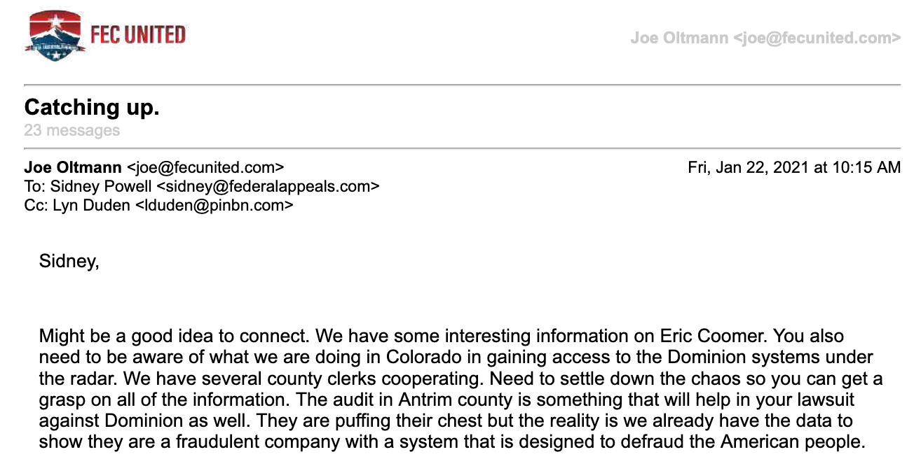 Email from Joe Oltmann to Sidney Powell