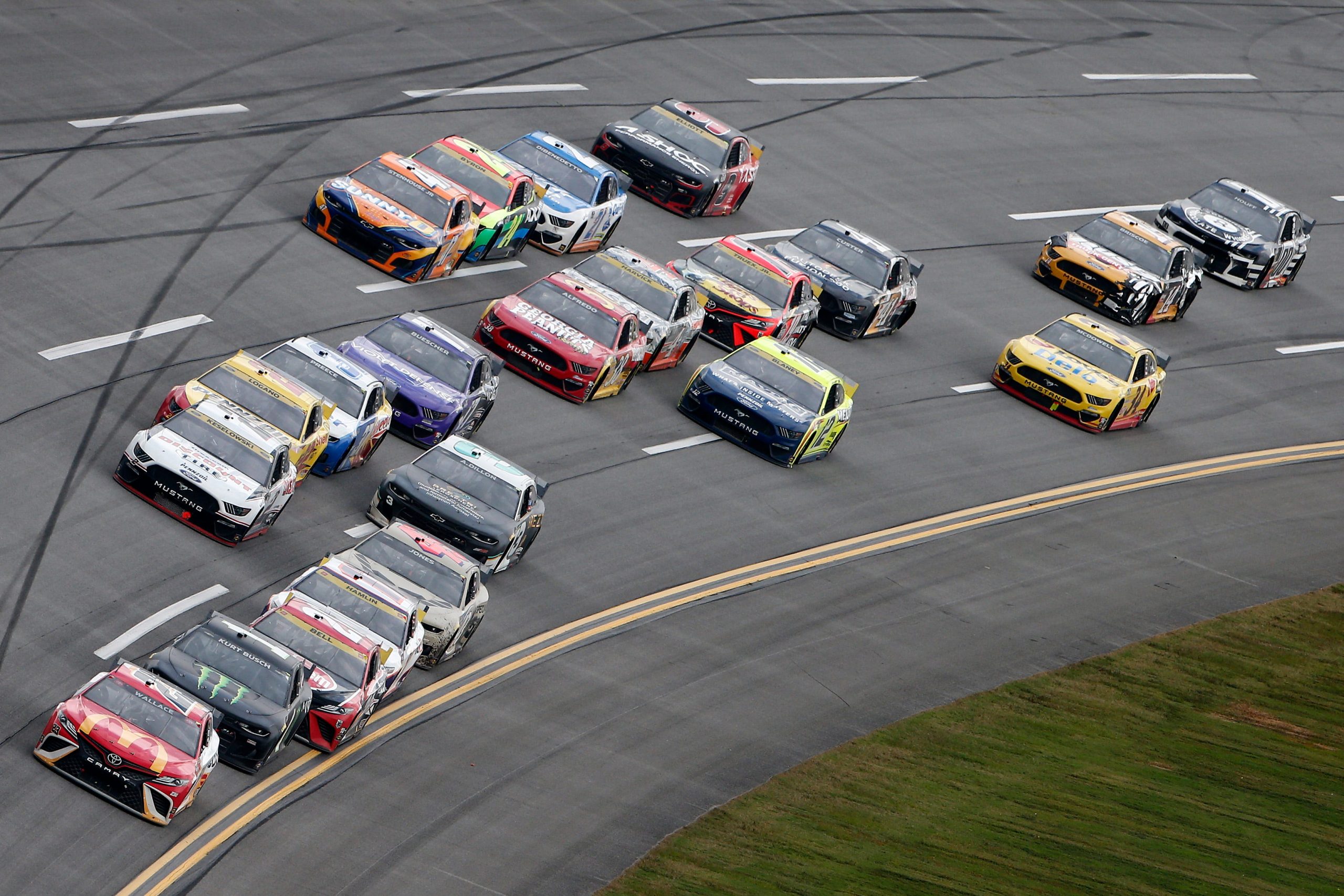 Bubba Wallace leading at Talladega Superspeedway.