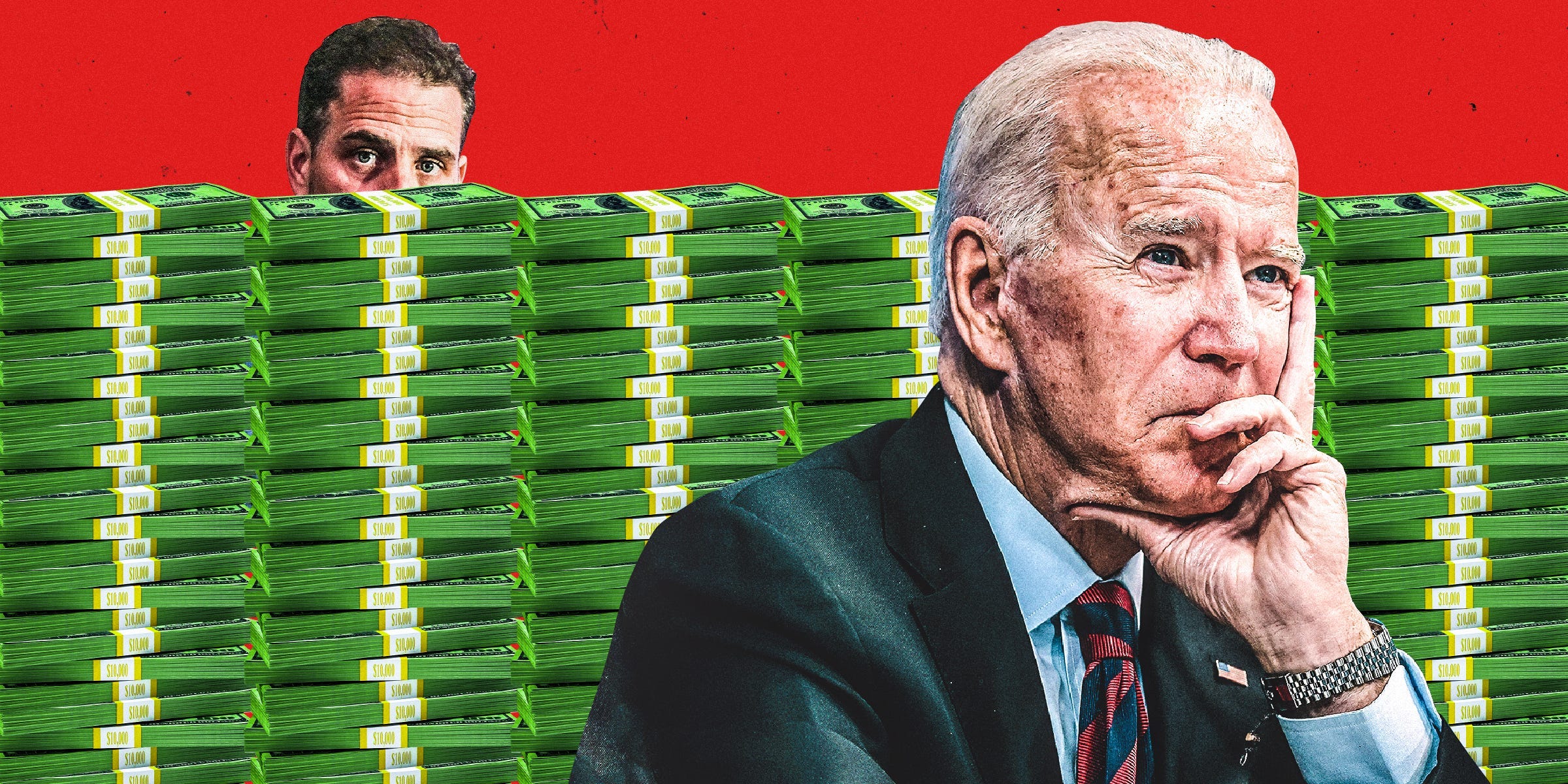 Hunter Biden looking over a wall of money. Joe Biden is in front not paying attention to him. The background is red.