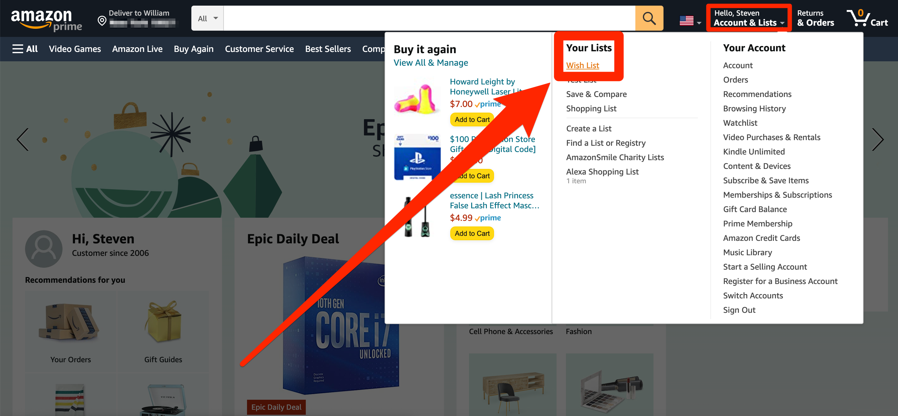 The Amazon homepage, with the account navigation menu open.