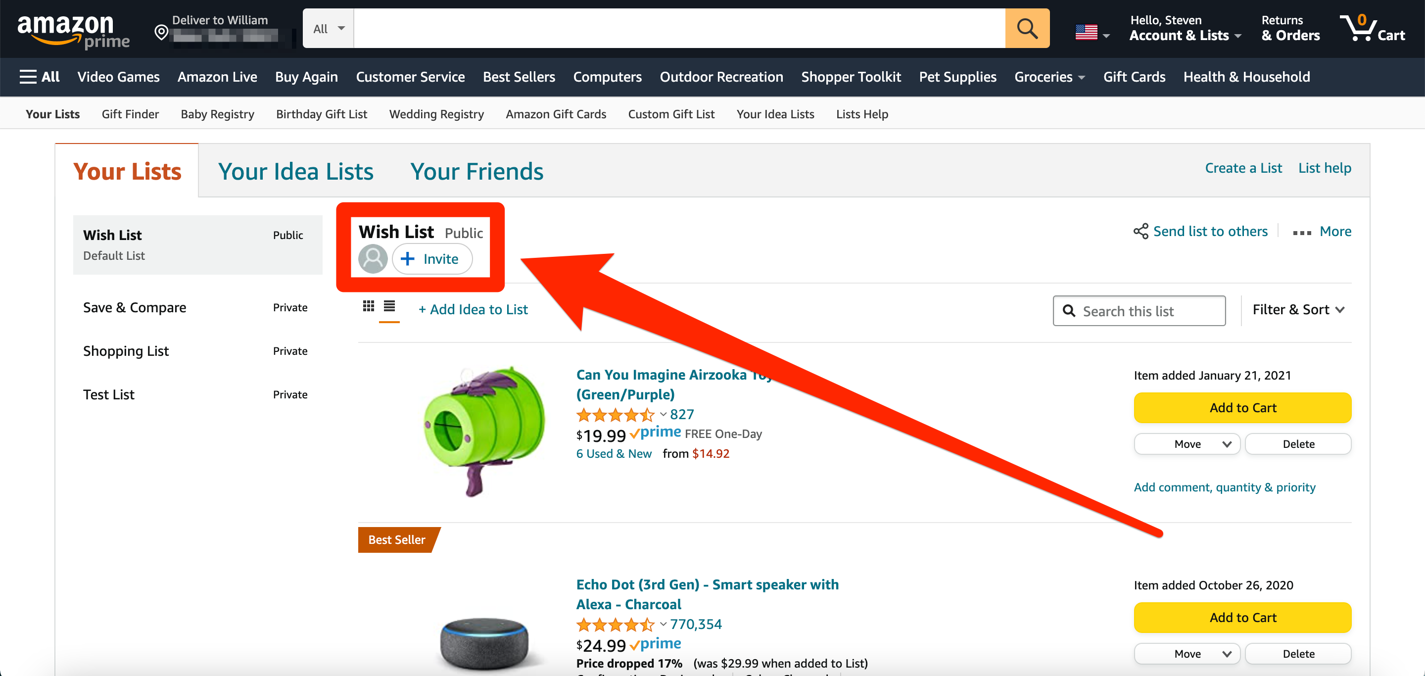 An Amazon Wish List. The "Invite" option is highlighted.