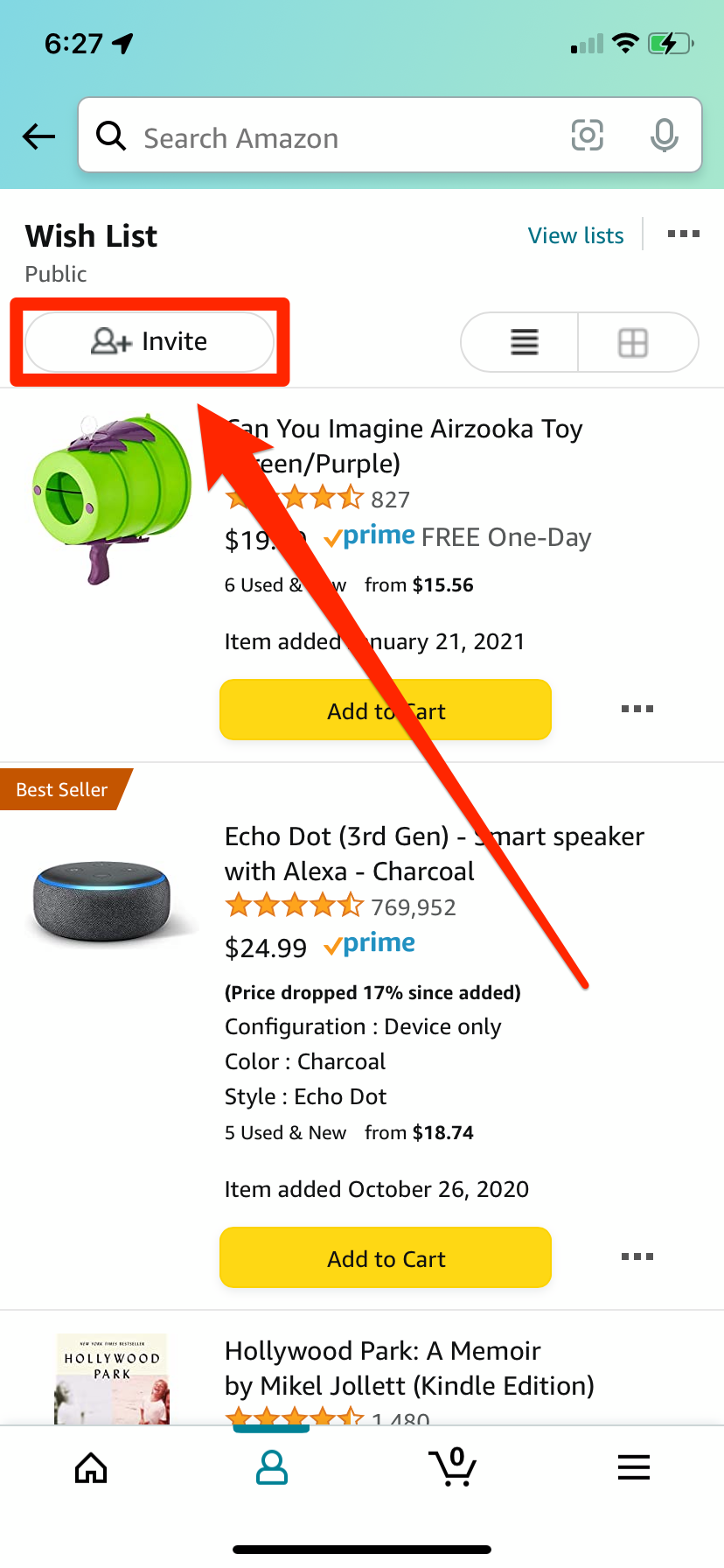 An Amazon Wish List in the Amazon iPhone app. The Invite option is highlighted.