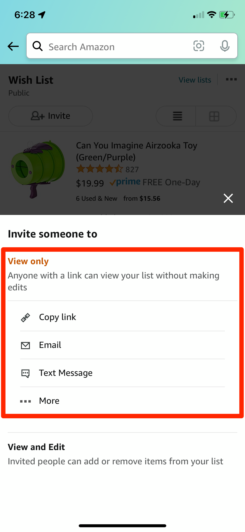 A variety of options for sharing your Amazon Wish List in the Amazon iPhone app.