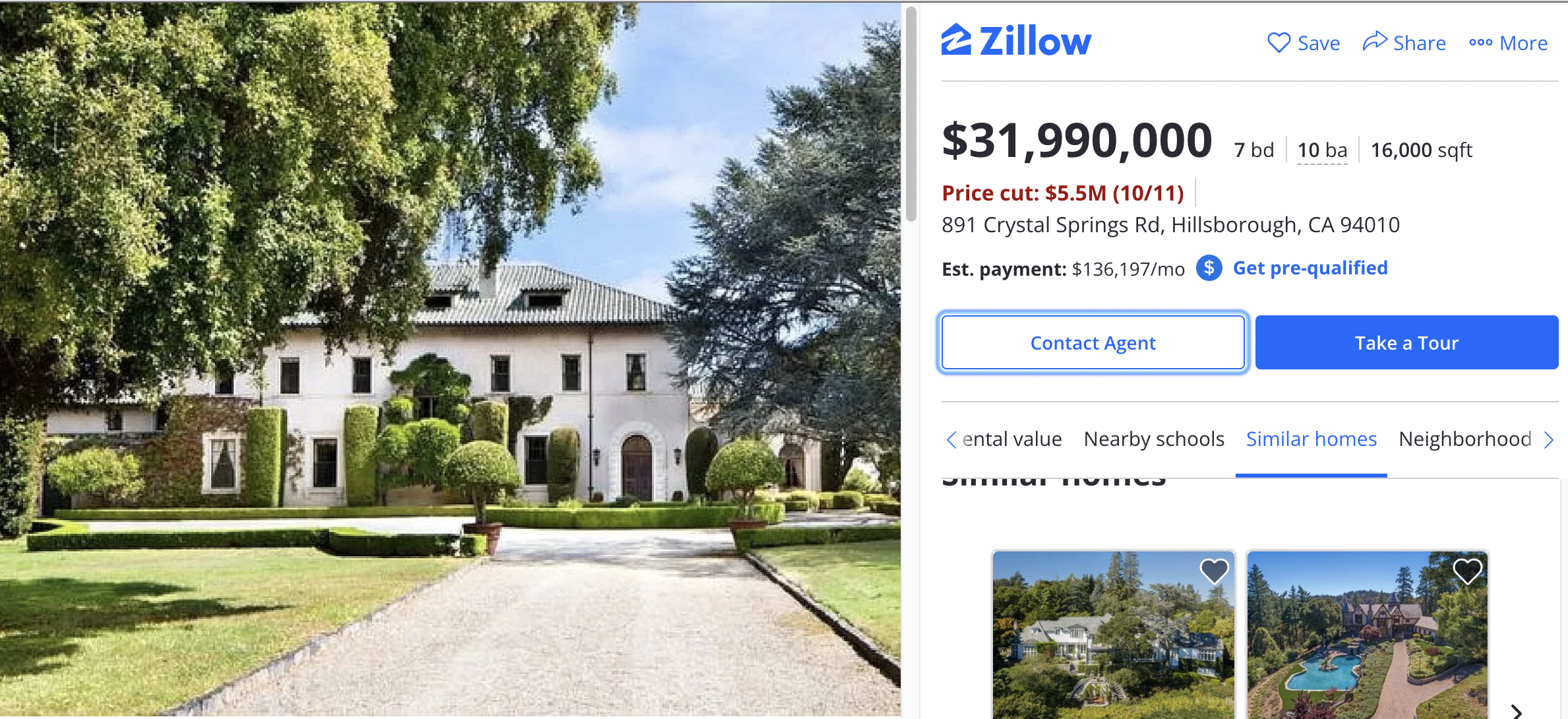 Zillow listing for Elon Musk's mansion, October 2021