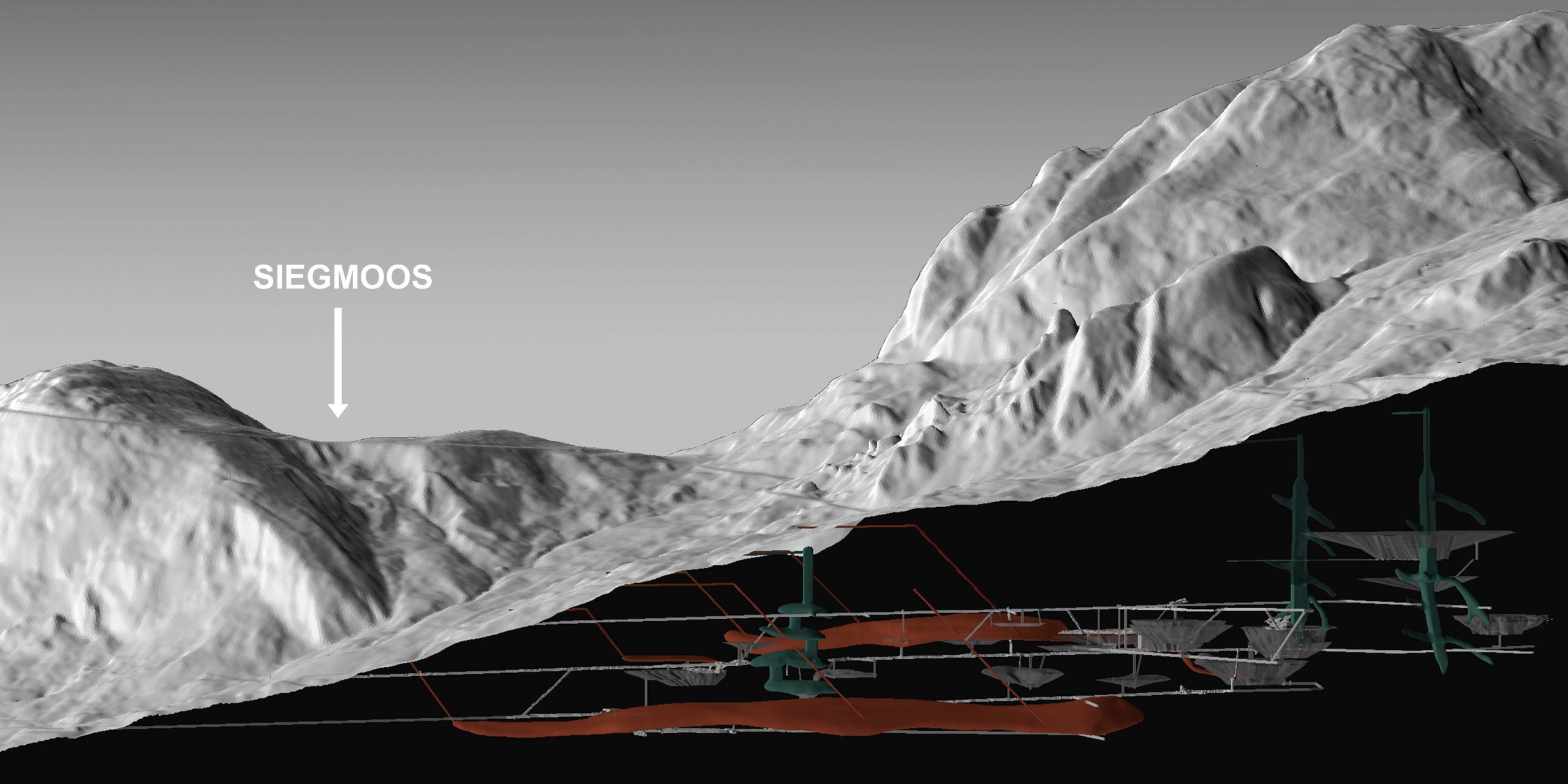 A schematic shows a cut of the galleries of the Hallstatt salt mine in the mountain.